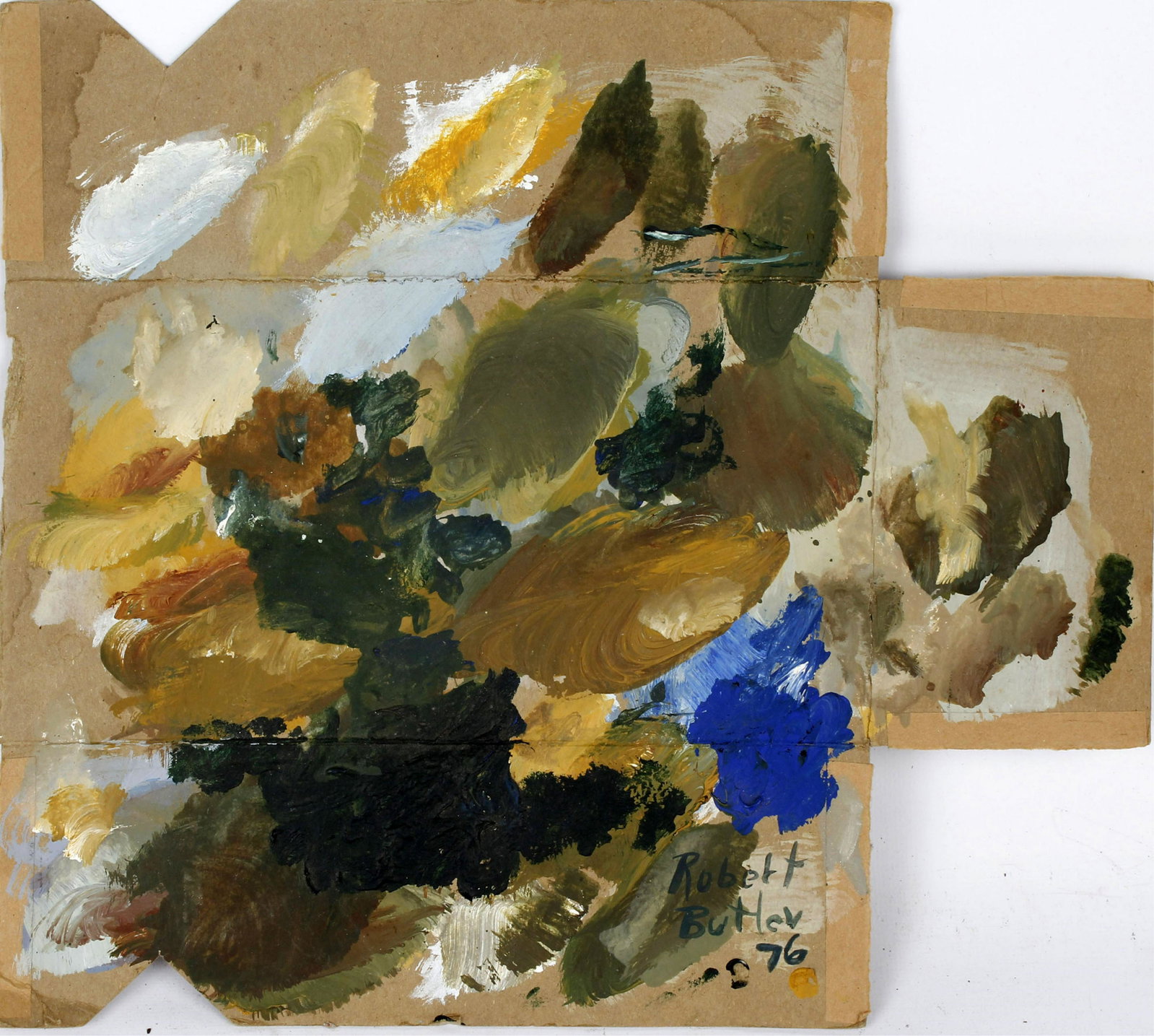 ROBERT BUTLER SIGNED MIXING PALETTE ART DEMO 1976: Robert Butlers mixing palette from Okeechobee January 29, 1976. Newspaper article attached to the back. Condition: Fine