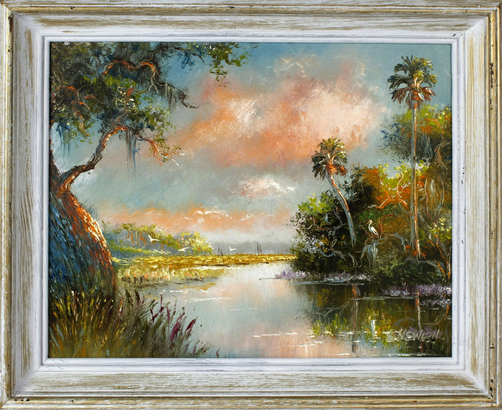SAM NEWTON FLORIDA HIGHWAYMEN BLOOMING RIVER: Sam Newton, Florida Highwaymen artist, oil on masonite. Stunning St. Lucie river scene with blooming purple flowers along the shore and a light pink glow to the afternoon scene. Board measures 17" x 1