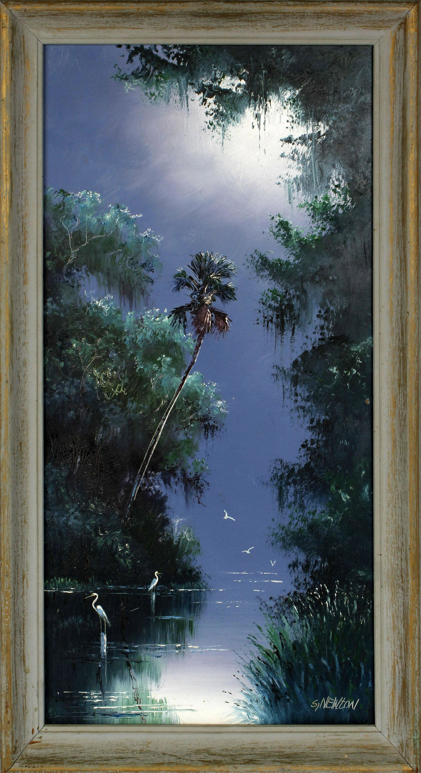 SAM NEWTON FLORIDA HIGHWAYMEN PURPLE SKY: Sam Newton, Florida Highwaymen artist, oil on upson board. Purple moonlit river with a palm tree jutting out over the still reflective waters. Board measures 12" x 24", signed lower right. Condition: 