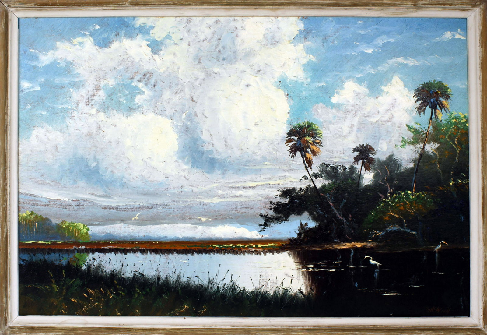 SAM NEWTON FLORIDA HIGHWAYMEN ST. LUCIE RIVER: Sam Newton, Florida Highwaymen artist, oil on upson board. Stunning St. Lucie river scene with still reflective waters and local wildlife along the shore. Signed lower right, board measures 24" x 36" 