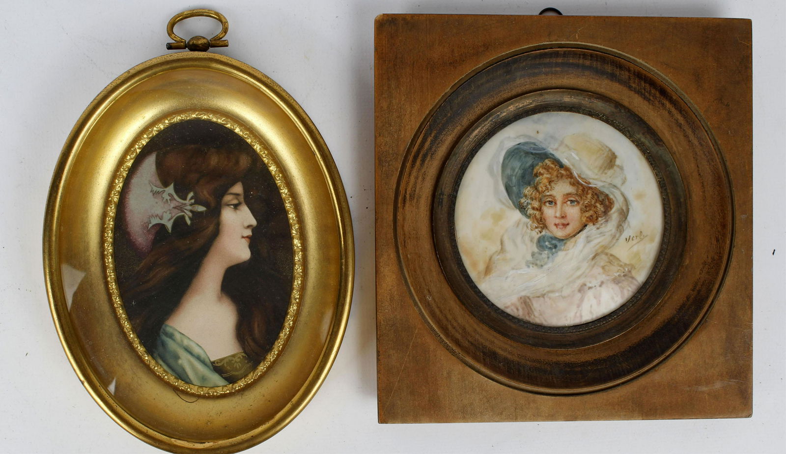 LOT OF TWO MINIATURE PORTRAITS KPM STYLE: Lot of two miniature KPM style portraits. One oval with metallic accents in a gold frame measuring 5.5" x 4.25", One round painted porcelain signed "Verly", measures 5.5" x 5.5" framed. Condition: Ver