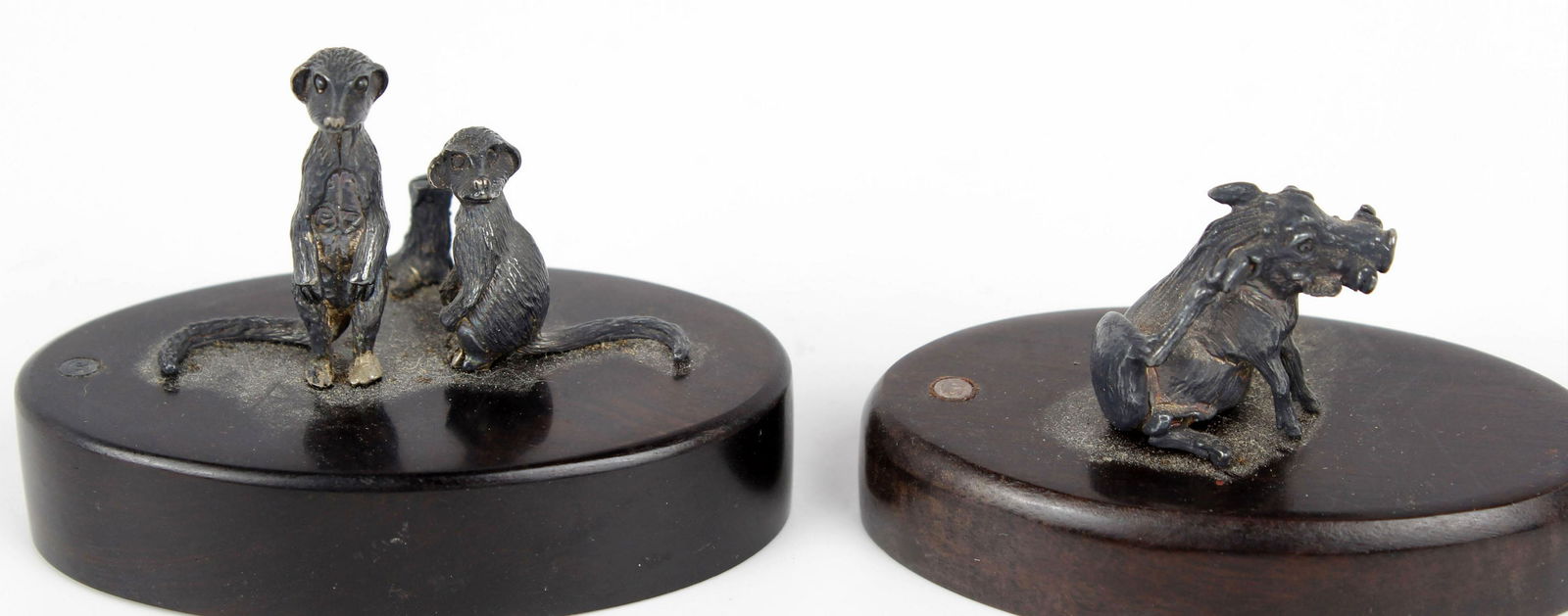 PATRICK MAVROS SILVER BOAR / MEERKAT CARD HOLDER: Patrick Mavros Hand crafted silver Figurine place card holder. Realistically crafted to imbue each intricate detail. The meerkats and wild boar are properly signed with the Mavros seal. Size: 30mm fig