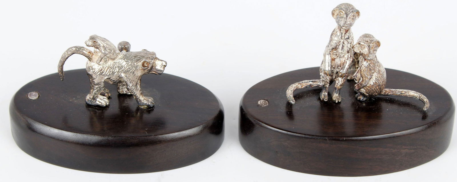 PATRICK MAVROS SILVER BABOON MEERKAT FIGURES: Patrick Mavros Hand crafted silver Figurine place card holder. Realistically crafted to imbue each intricate detail. The Baboon and Meerkat are properly signed with the Mavros seal. Size: 30mm figure