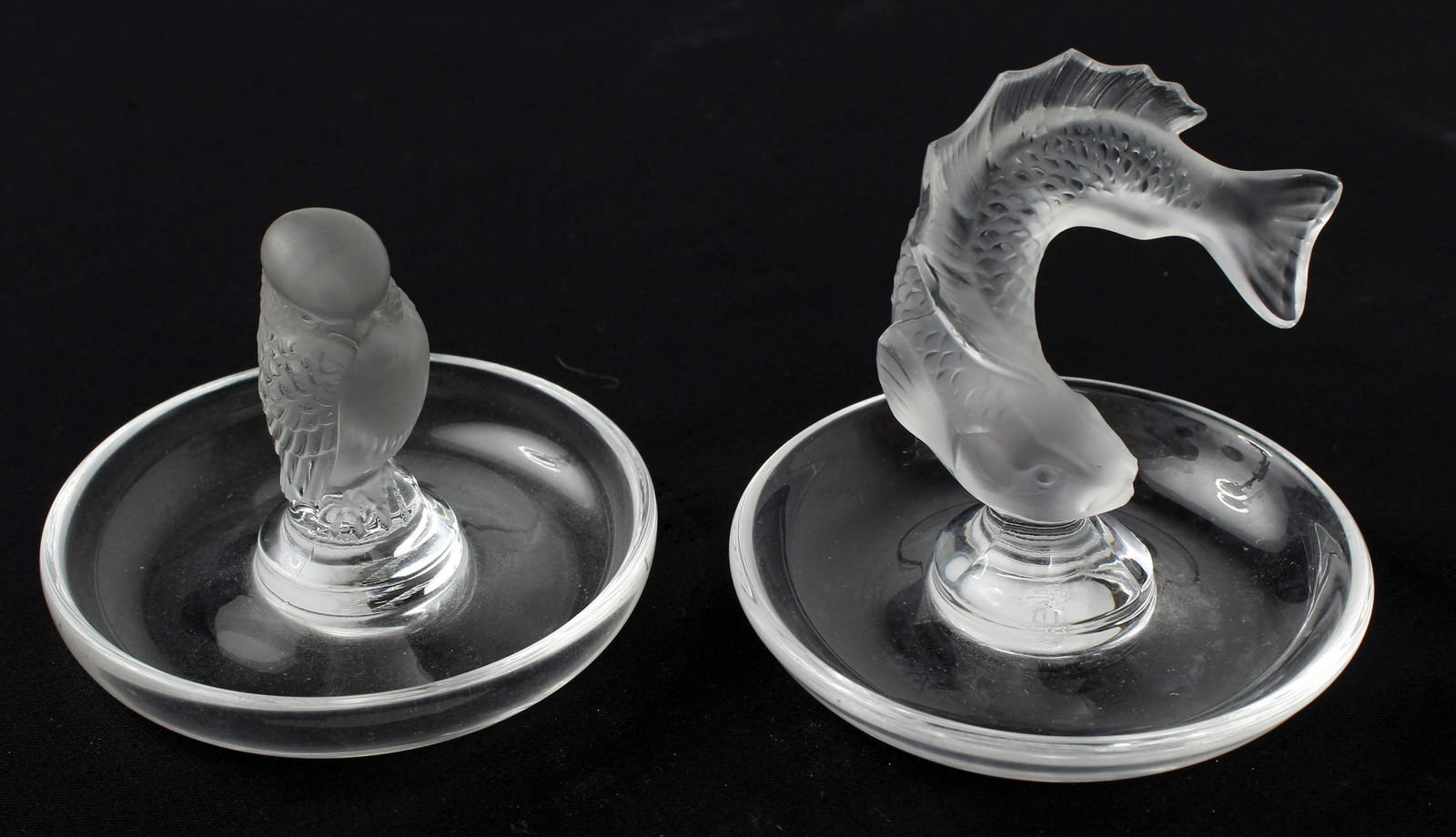 LALIQUE, FRANCE SIGNED FROSTED CRYSTAL JEWELRY - 2: Lalique, France. Signed frosted crystal Jewelry cups - Lot of 2. (1) Bird, (1) Koi Fish. 2" diameters