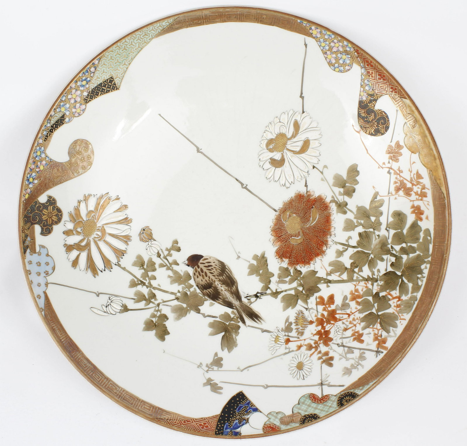JAPANESE KUTANI CHARGER GILT MEIJI: Large Japanese Kutani charger. Of circular dish form, decorated in polychrome and gilt with birds and foliage on a stylized geometric ground. Signature on bottom. 15.5" Diameter Size: 15.5" Diam. Cond