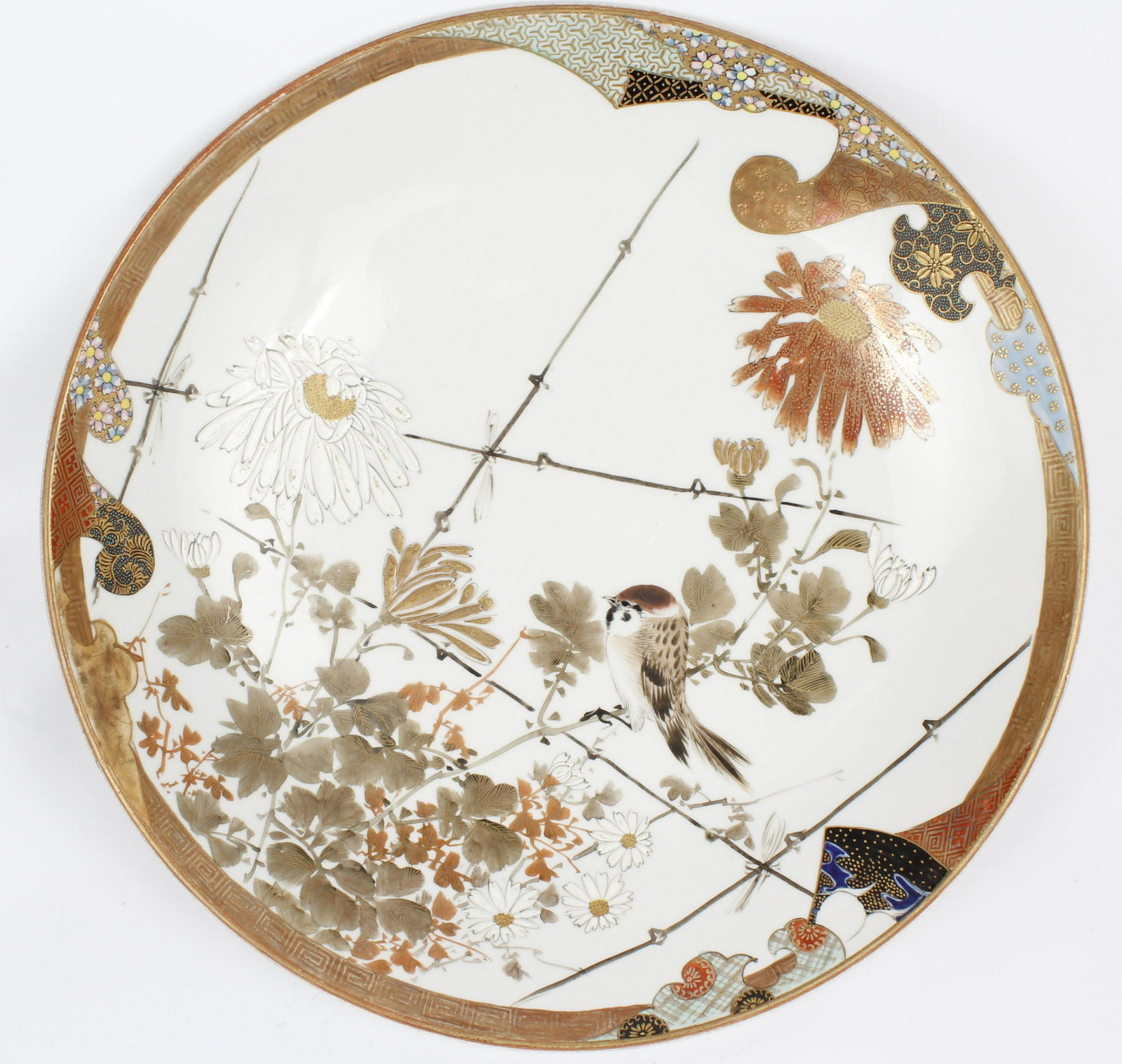 JAPANESE KUTANI CHARGER GILT MEIJI SATSUMA: Large Japanese Kutani charger. Of circular dish form, decorated in polychrome and gilt with birds and foliage on a stylized geometric ground. Signature on bottom. 15.5" Diameter Size: 15.5" Diam. Cond