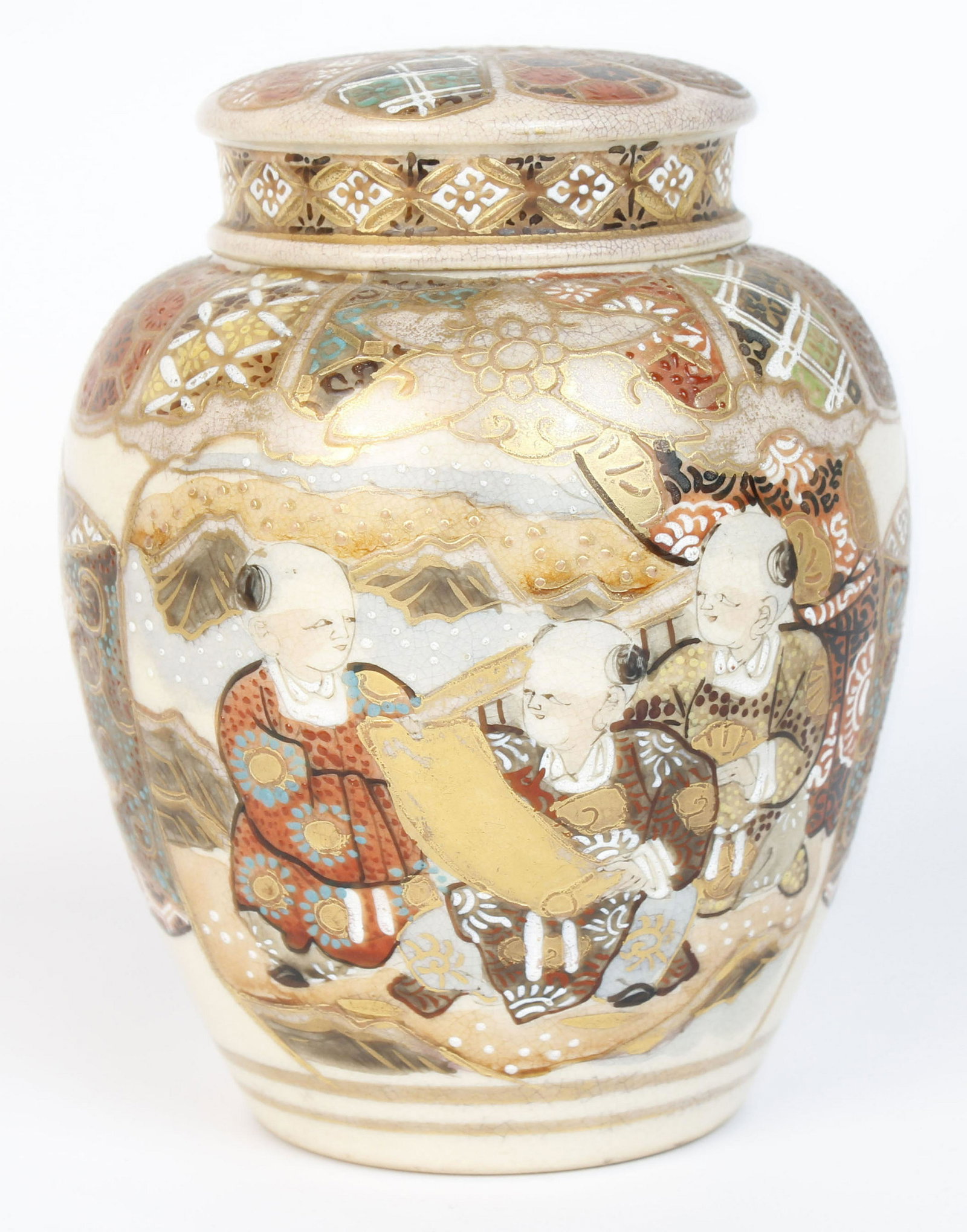 JAPANESE SATSUMA MEIJI ERA TEA DECANTER: Japanese Satsuma Meiji Era Style lidded tea decanter with inner lid. Ivory bodied piece with finely crackled transparent glaze. Multicolored enamel over glaze including profuse gilding decoration. Siz