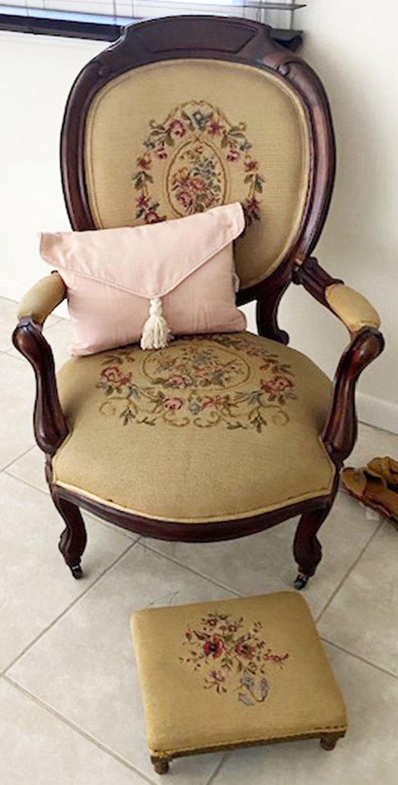 FRENCH COUNTRY ARM CHAIR STOOL TAPESTRY: Vintage French country tapestry carved arm chair with matching foot stool.