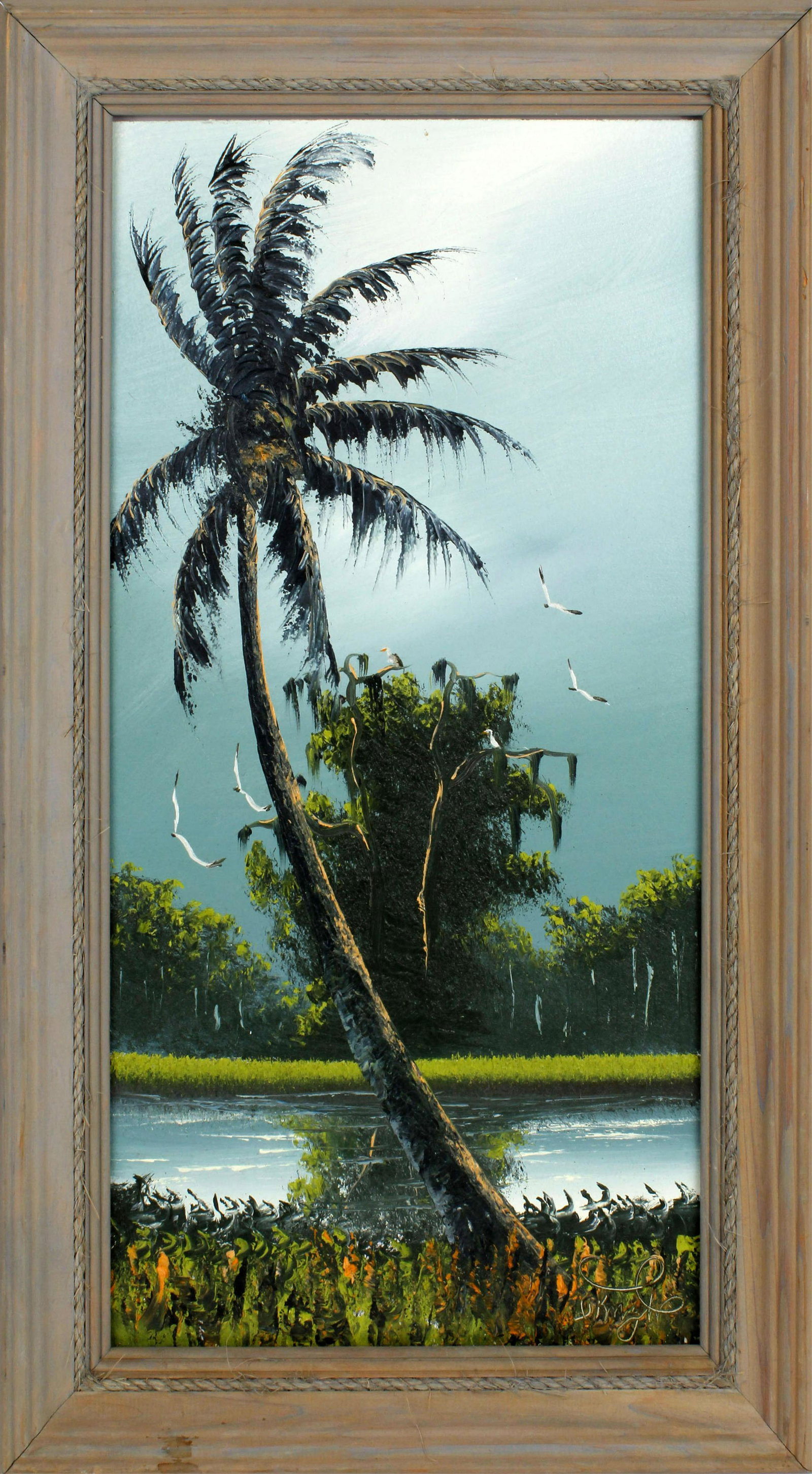 ISAAC KNIGHT FLORIDA HIGHWAYMEN LONE PALM: Isaac Knight, Florida Highwaymen, oil on masonite. A lone palm tree soars above the other foliage along the river. Board measures 12x24, signed lower right. Frame size 16x28. Condition: Very Fine