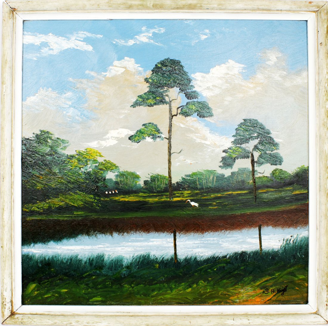 ISAAC KNIGHT FLORIDA HIGHWAYMEN SERENE AFTERNOON: Isaac Knight, Florida Highwaymen, oil on upson. A tranquil afternoon filled with beautiful cumulus clouds against a bright blue backdrop. Board measures 24x24. Signed lower corner. Condition: Very Fin