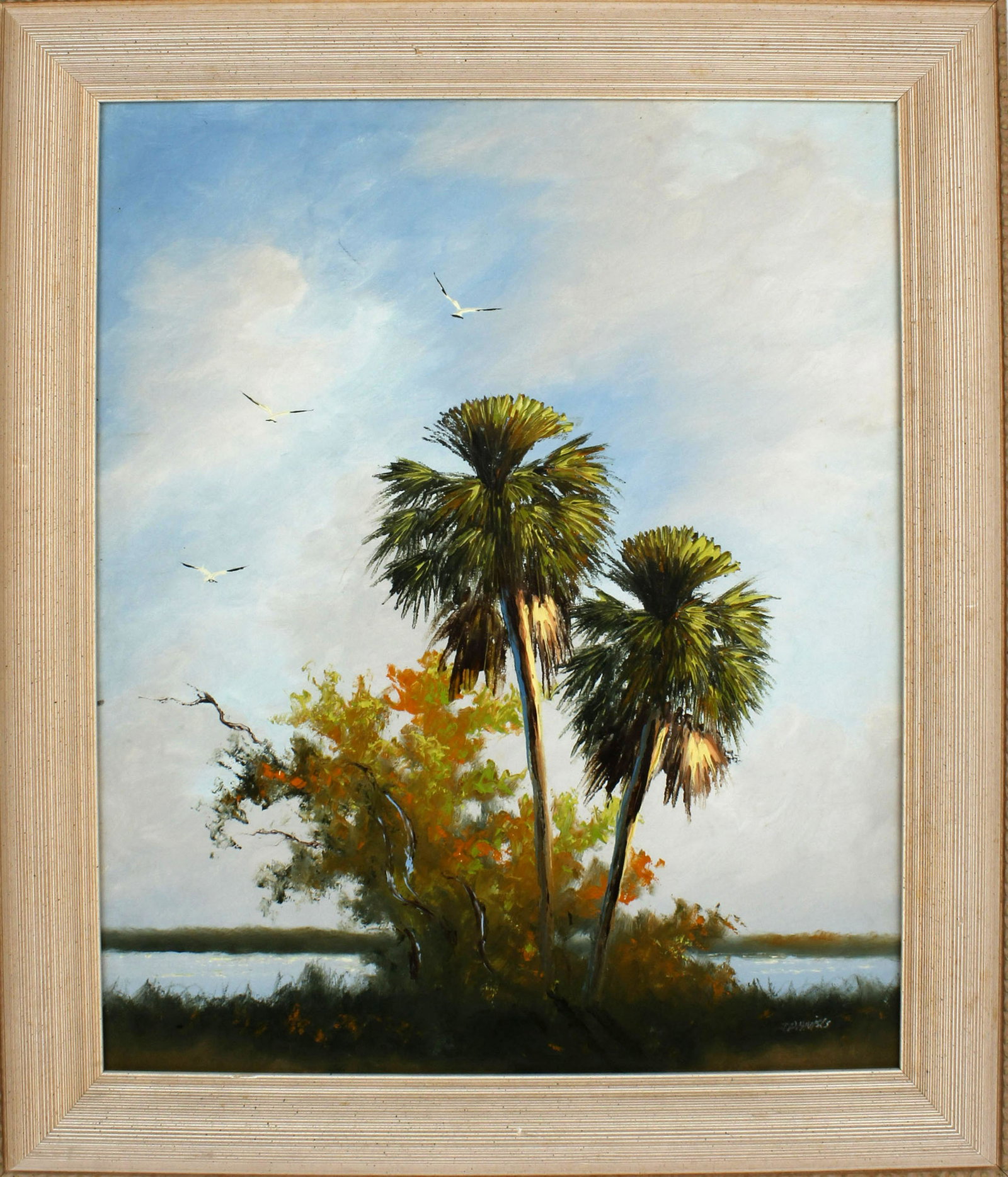 JOHNNY DANIELS FLORIDA HIGHWAYMEN WETLAND SCENE: Johnny Daniels, Florida Highwaymen artist, oil on canvas. Stunning Florida wetland scene with an island of palm trees on the shore next to the water. Signed lower right, board measures 20x24 Condition