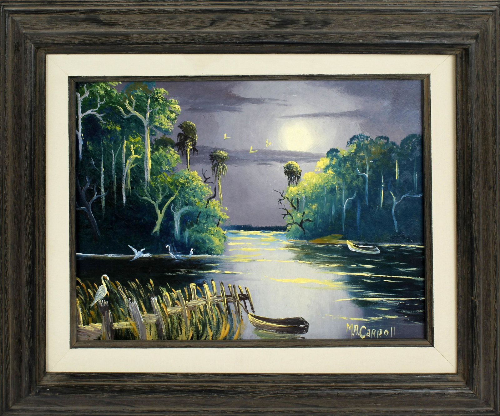 MARY ANN CARROLL FLORIDA HIGHWAYMEN REFLECTION: Mary Ann Carroll, Florida Highwaymen, oil on canvas. Moonbeams glide over the water reflecting their light on the foliage. Canvas measures 9x12. Signed lower right. 14x17 frame size. Condition: Very F