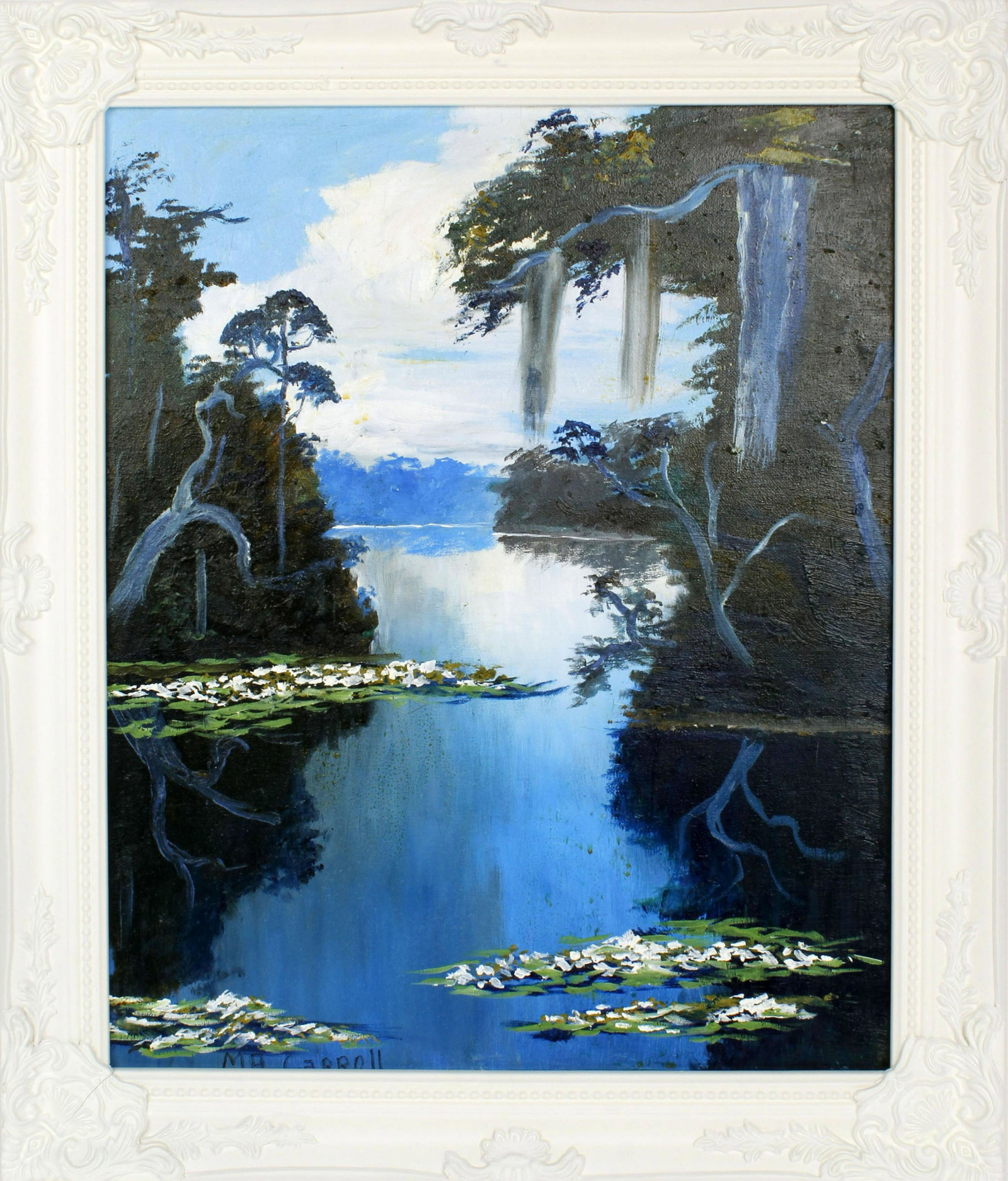 MARY ANN CARROLL FLORIDA HIGHWAYMEN WATER LILLIES: Mary Ann Carroll, Florida Highwaymen, oil on canvas. Mary Ann's last painting depicting beautiful blue waters sprinkled with water lillies. Canvas measures 16X20, signed lower left. Frame size20x24. C