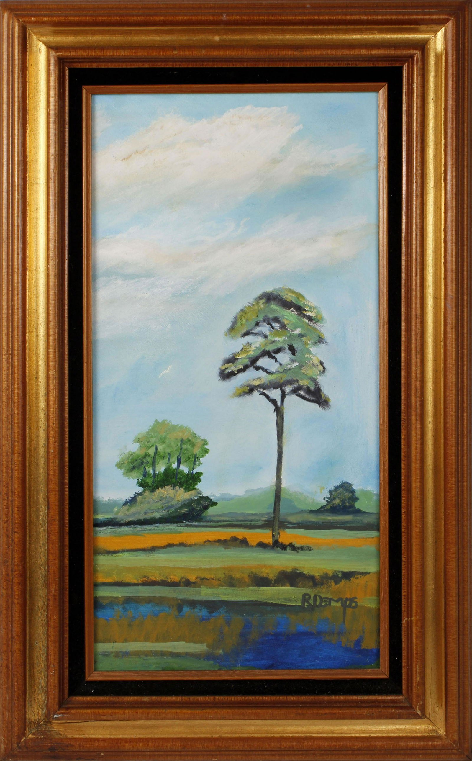 RODNEY DEMPS FLORIDA HIGHWAYMEN BLUE SKIES: Rodney Demps, Florida Highwaymen, Oil on masonite. Puffy white clouds pass by slowly on a relaxing afternoon. Board measures 12x24. Signed lower right and back. 19x31 frame size. Condition: Very Fine
