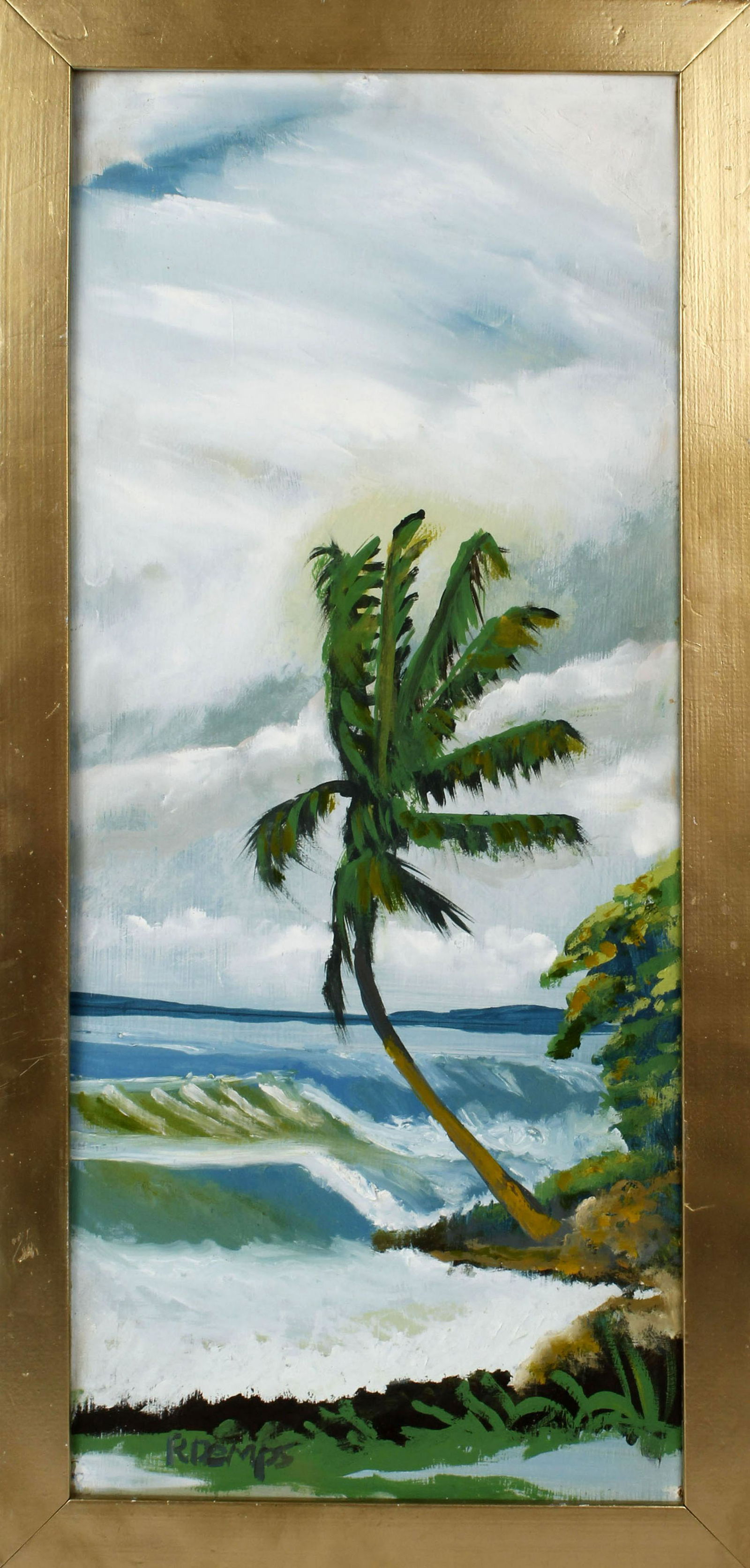RODNEY DEMPS FLORIDA HIGHWAYMEN SWAYING PALM TREE: Rodney Demps, Florida Highwaymen, Oil on masonite. A lone palm tree sways in the ocean breeze. Board measures 11x25. Signed lower left and back. 13.5x27.5 frame size. Condition: Very Fine