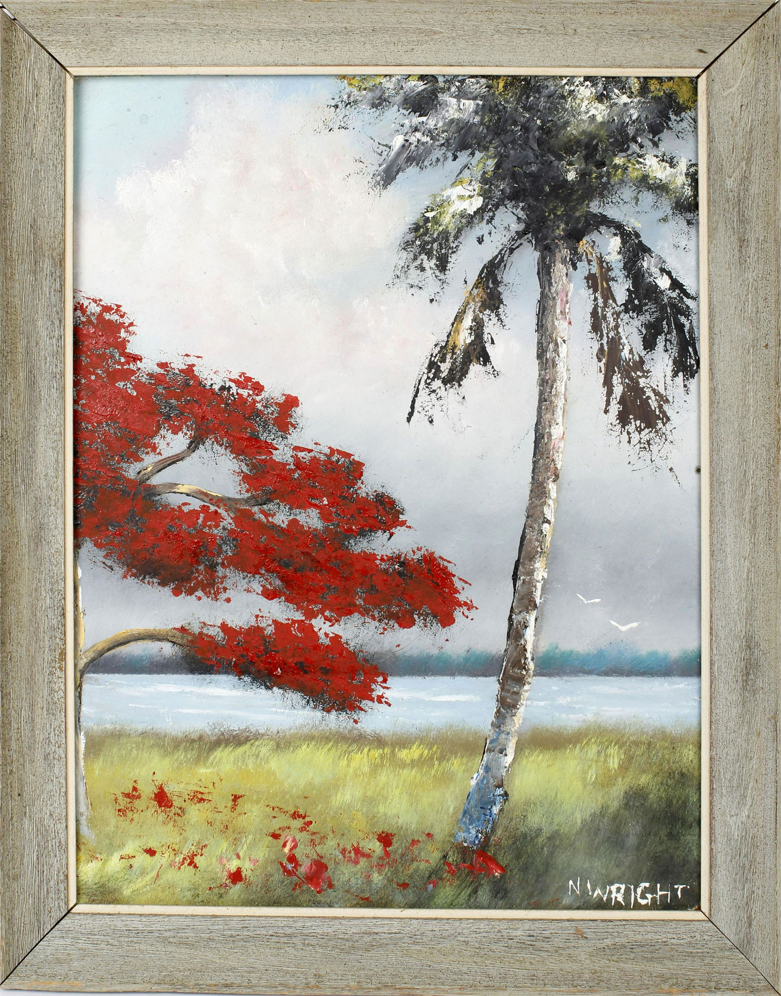 N.E. WRIGHT FLORIDA ARTIST APPROACHING FALL: N.E. Wright, Florida artist, oil on masonite. A beautiful Poinciana tree begins to lose its blossoms as fall approaches. Board measures 18x24. Signed lower right. 22x28 Frame size. Condition: Very Fin