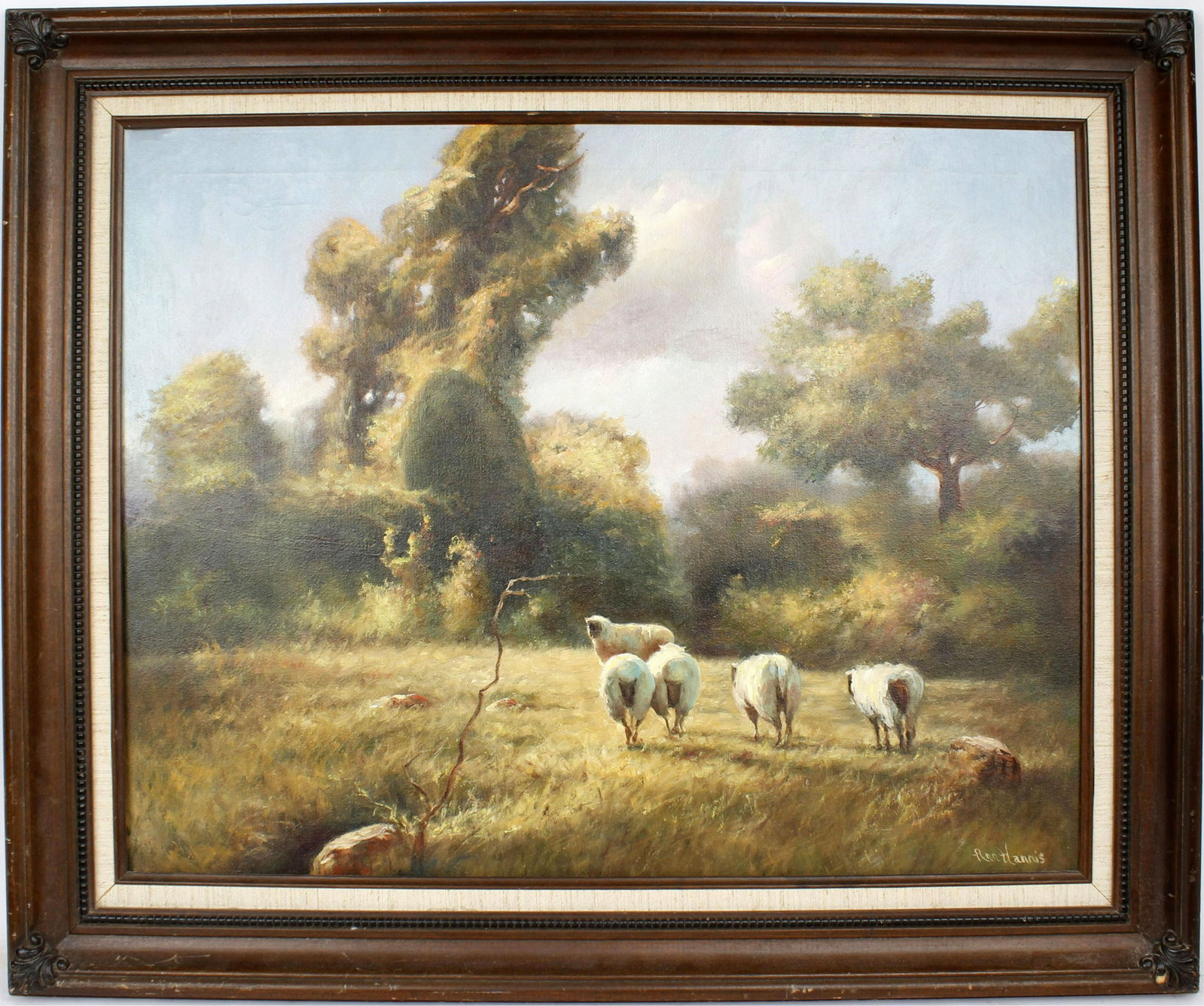 ANN HARRIS SHEEP IN THE MEADOW PAINTING: Ann Harris oil on canvas painting. Several sheep enjoy their spring day in the field. signed lower right corner 22x28 canvas size 29x34.5 frame. Condition: Very Fine, Needs to be re-set in frame.