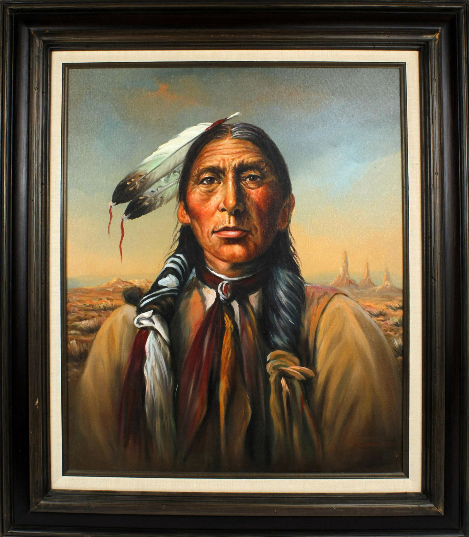 KENNETH SU OIL ON CANVAS NATIVE AMERICAN: Kenneth Su original oil on canvas. (20th Century American) Portrait of Native American. Canvas measures 24x20. Signed lower right. 32x28 frame size. Condition: Very Fine