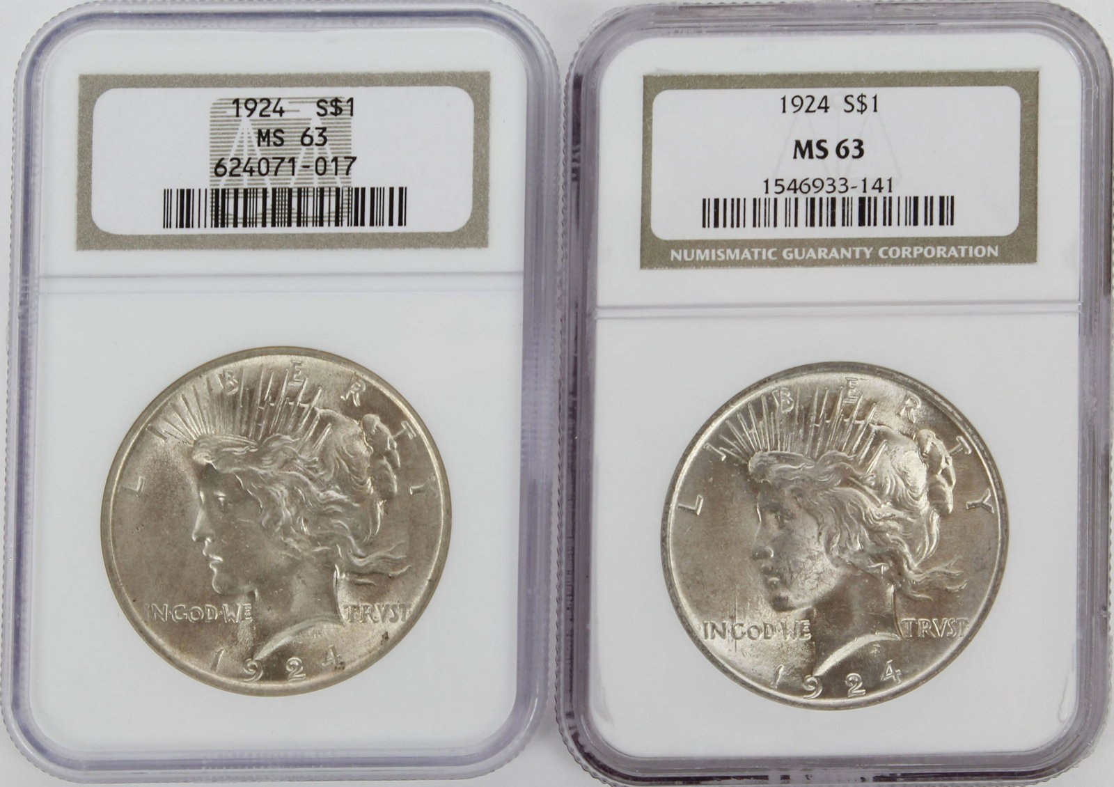 1924 PEACE DOLLARS NGC MS63: A pair of NGC peace dollars graded NGC ms63. Beautiful and without spots. DESIGNER: Anthony de Francisci EDGE: Reeded DIAMETER: 38.10 millimetersWEIGHT: 26.73 grams MINTAGE: 1,728,000 MINT: San Franci