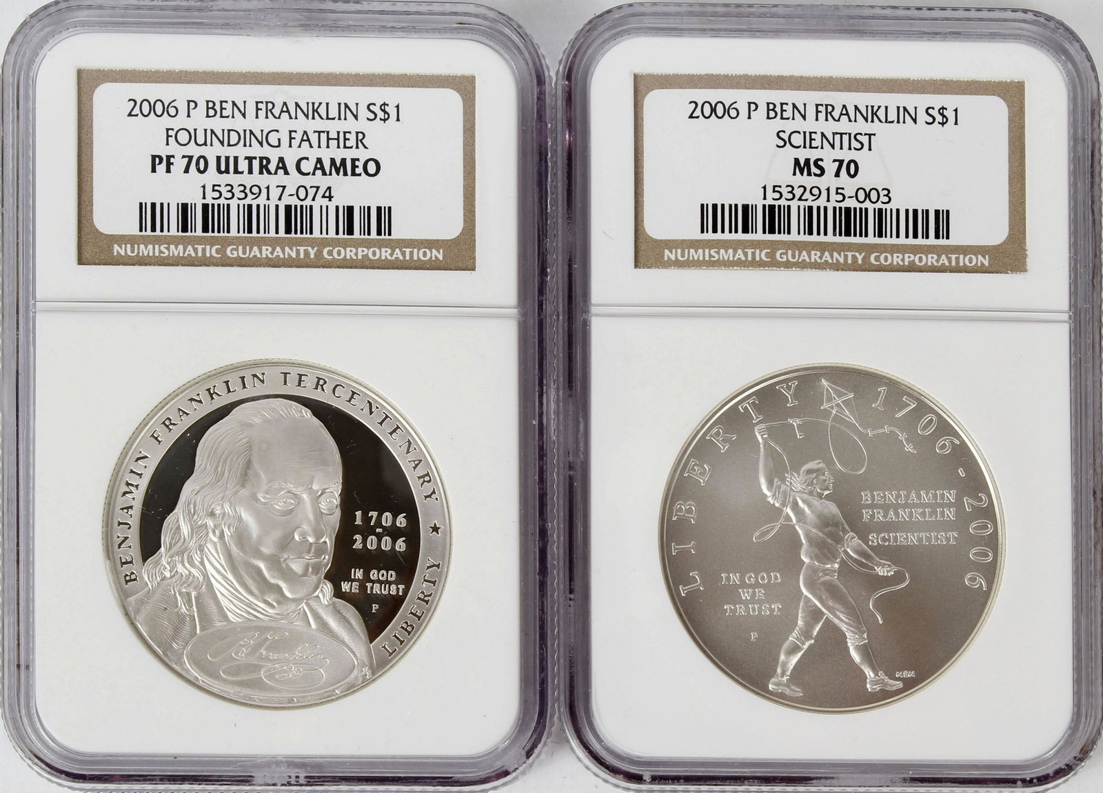 2006 BEN FRANKLIN COMMEMORATIVE $1: 2006P Benjamin Franklin Scientist $1 Mint State 70 NGC and 2006P Ben Franklin $1 Founding Father in proof 70 ultra cameo NGC