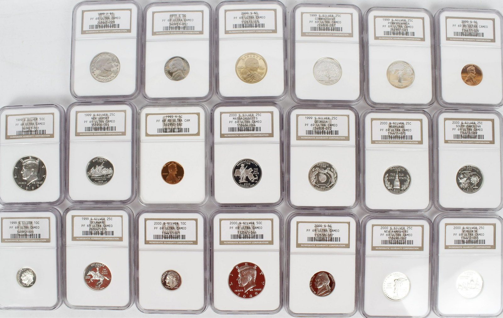 NGC CERTIFIED SILVER PROOF SET DATE RUN 1999-2002: A complete set of individually graded coins all Silver Proof 69 Ultra cameo. 1999 through 2002 including the silver quarters. 1999 set has the Philadelphia mint Susan B. Anthony and the rest are San F