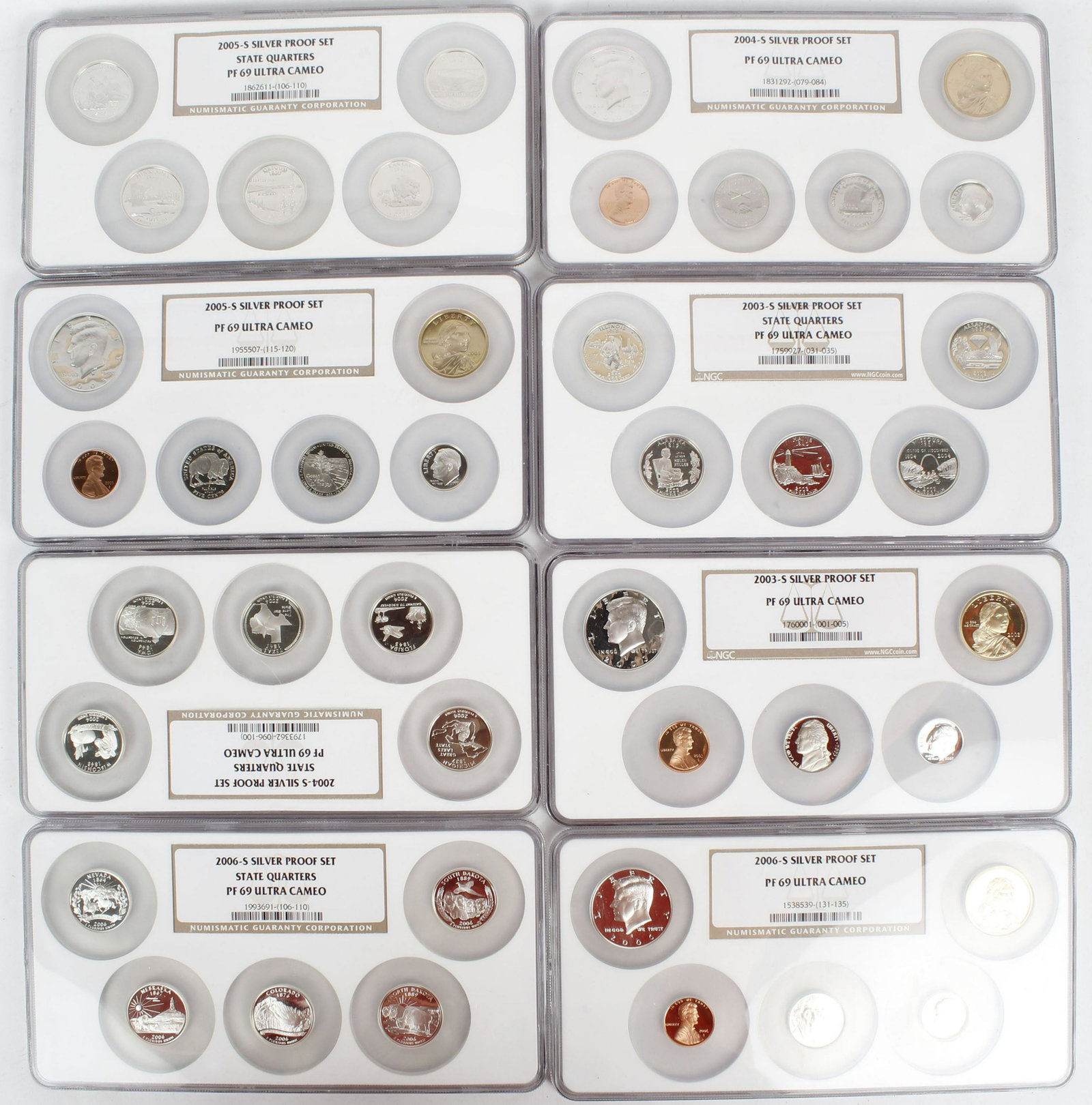 NGC CERTIFIED SILVER PROOF SETS: Four NGC certified silver proof sets with their corresponding silver proof set state quarters. in proof 69 ultra cameo all San Francisco mint. to include 2006, 2005, 2004, and 2003.total 90% solver fa