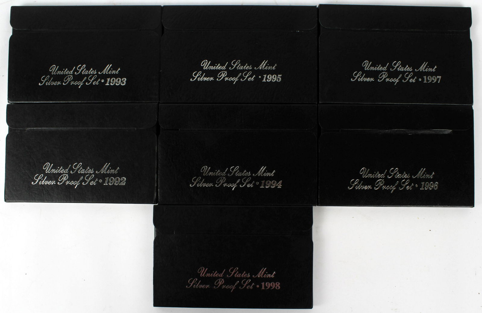 UNITED STATES SILVER PROOF SET DATE RUN 1992-1998: United States silver proof sets in original packaging 1992-1998