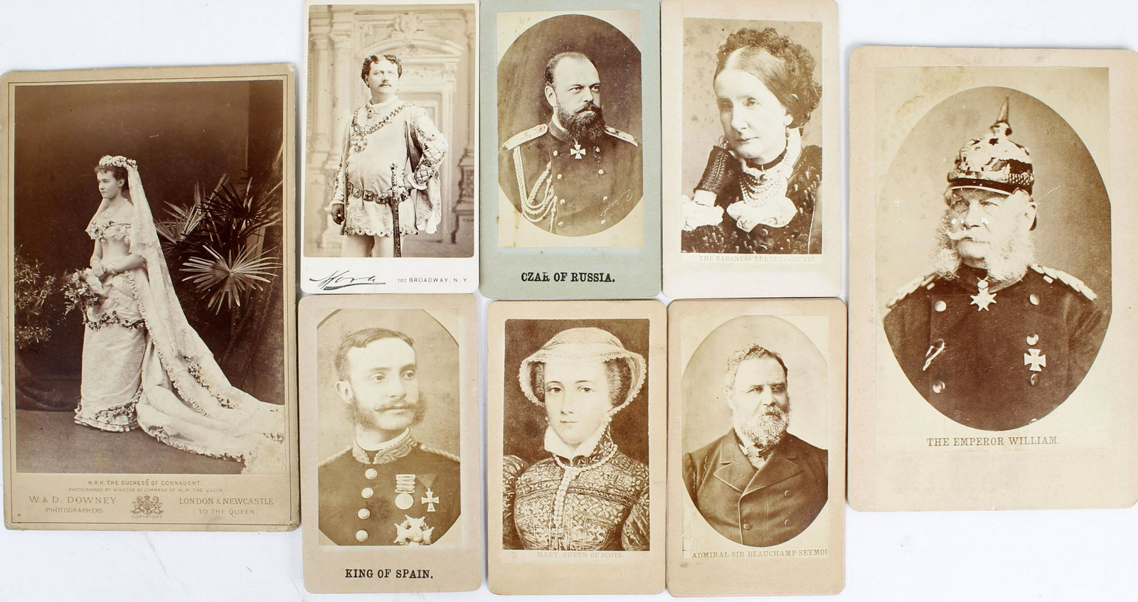 COLLECTION OF CARTES DE-VISITE & CABINET CARDS: Collection of 8 historical Royal and Political figures cartes de-visite and cabinet cards to include: The Duchess of Connaught, The Emperor William, Admiral Sir Beauchamp Seymour, King of Spain, Mary 
