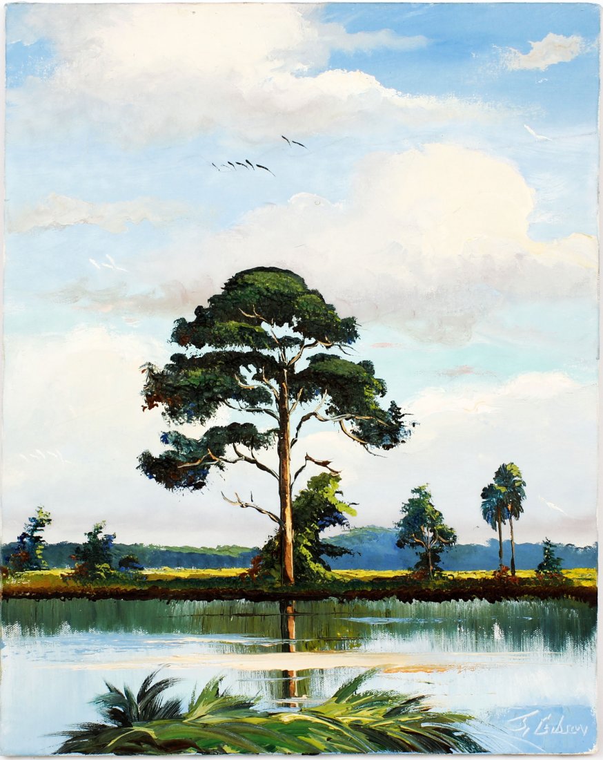 JAMES GIBSON FLORIDA HIGHWAYMEN FL WETLAND: James Gibson, Florida Highwaymen, Oil on canvas. Crystal blue waters provide a dazzling reflection of the sky and trees above. Canvas measures 16x20 - unframed. Signed lower right.