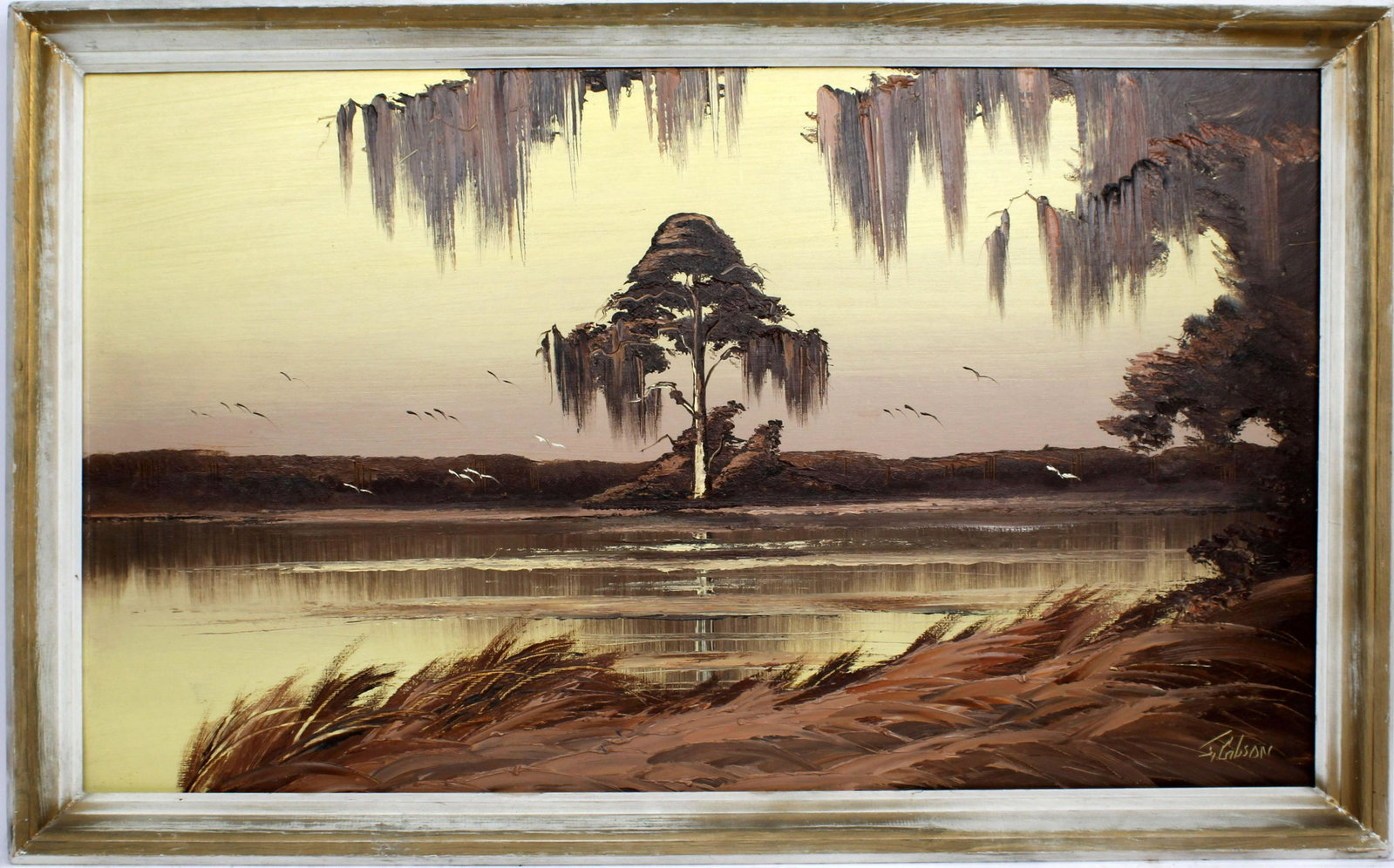 JAMES GIBSON FLORIDA HIGHWAYMEN MONOCHROMATIC: James Gibson, Florida Highwaymen artist, oil on upson. Monochromatic wetland scene with lightly rippling waters along the shore. Board measures 22x38, signed lower right.Condition: Very Fine.
