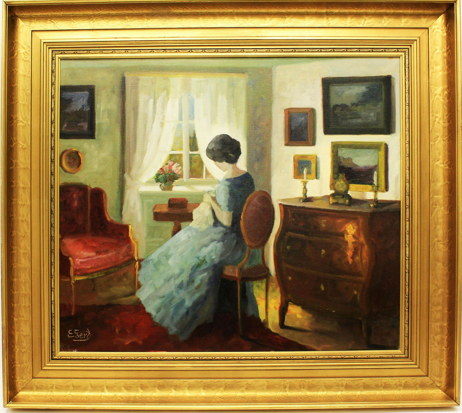 EDITH GERT WOMAN EMBROIDERING OIL ON CANVAS (1 of 4)
