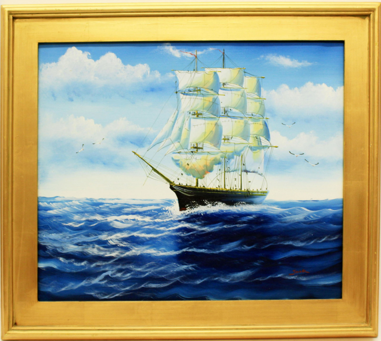 JACK SAILBOAT ON CALM WATERS OIL ON CANVAS: Yet unidentified artist "Jack". A large vessel sets sail on a breezy day. Gorgeous blue waters break on the bow. Oil on canvas - signed lower right. 20x24 framed to 26x30.Condition: Very Fine