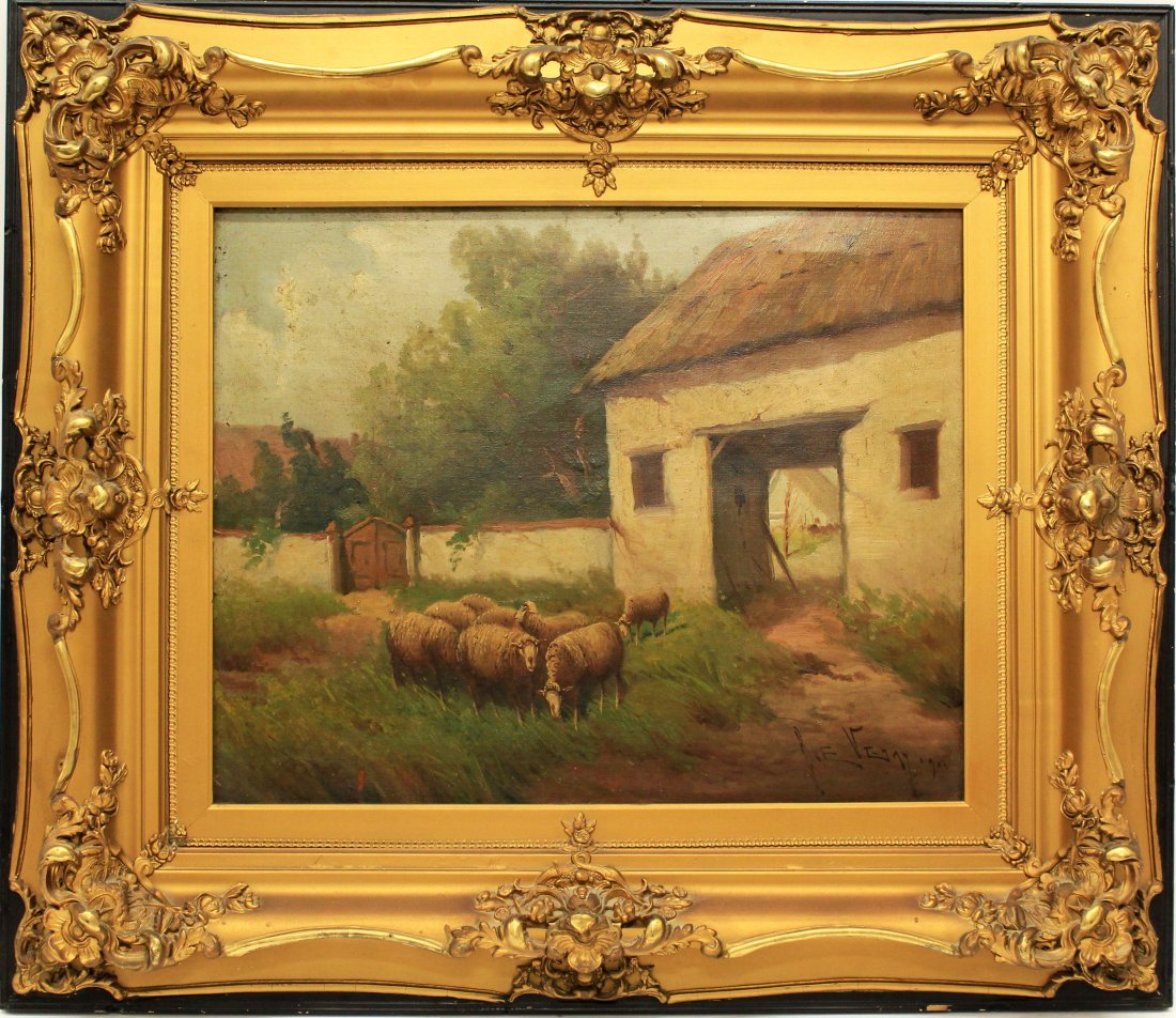 SHEEP GRAZING ON FARM PAINTING ORNATE GILT FRAME: A flock of sheep enjoy a leisurely day in fall grazing on their farm. Signed lower right corner Rue Vegnyagai. Oil on stretched canvas. 16X20 in carved ornate gilt frame26.5X30.5 Condition: Very Fine