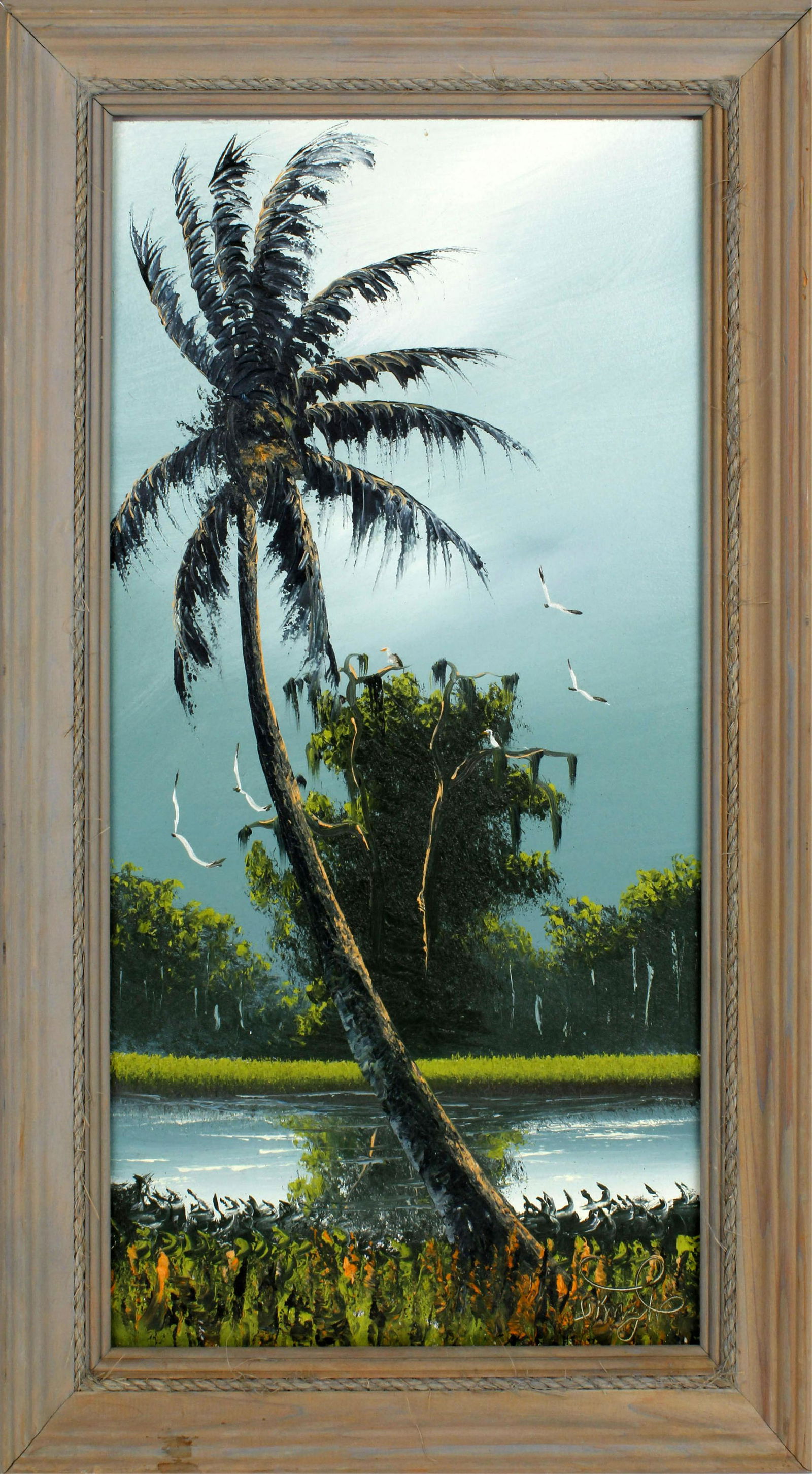 ISAAC KNIGHT FLORIDA HIGHWAYMEN LONE PALM: Knight, Isaac (b.1941), Florida Highwaymen, oil on masonite. A lone palm tree soars above the other foliage along the river. Board measures 12x24, signed lower right. Frame size 16x28. Condition: Very