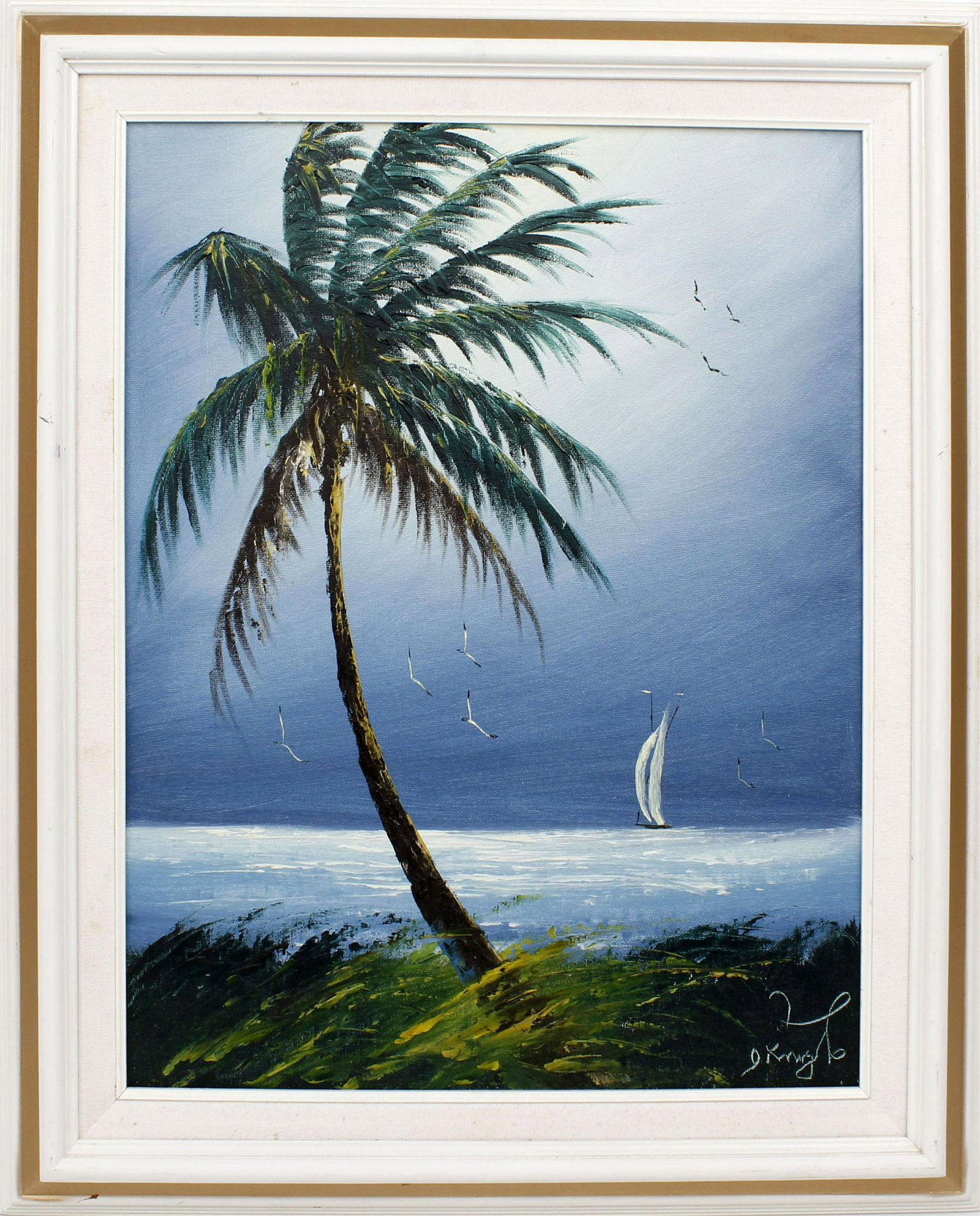 ISAAC KNIGHT FLORIDA HIGHWAYMEN MOONLIT VOYAGE: Knight, Isaac (b.1941), Florida Highwaymen Artist. Oil on artist board - signed lower right and on reverse. A lone sailboat enjoys a moonlit voyage. Board measures 20x16 framed to overall size of21x25