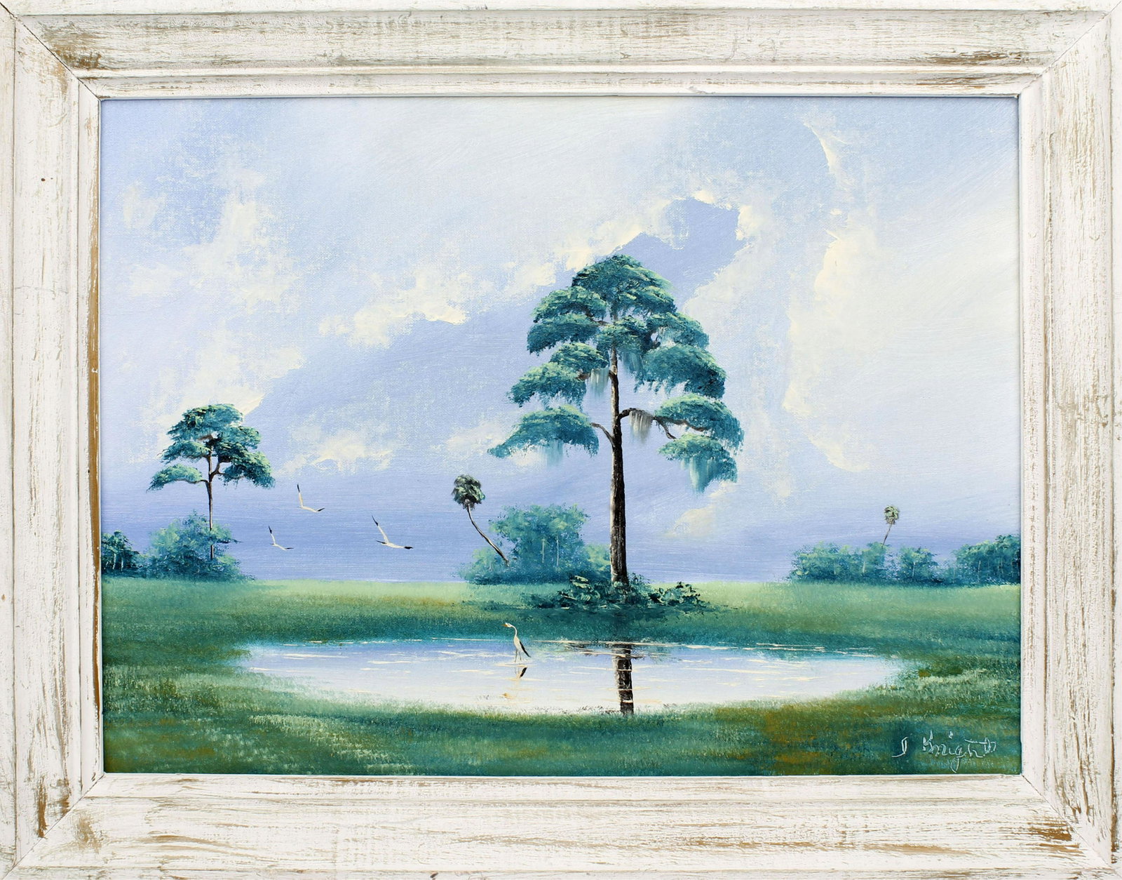 ISAAC KNIGHT FLORIDA HIGHWAYMEN TRANQUIL BLUE SKY: Knight, Isaac (b.1941), Florida Highwaymen Artist. Oil on artist board - signed lower right. The birds enjoy a tranquil day on the water. Board measures 18x24 framed to overall size of22x28. Condition