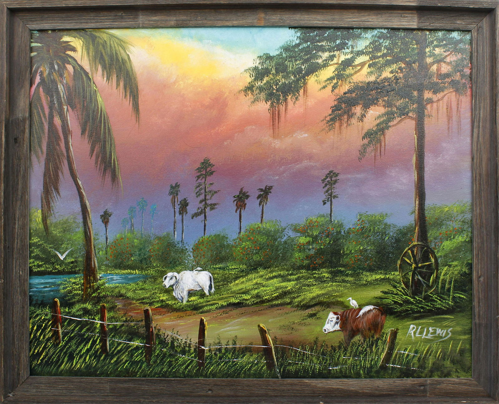 R.L. LEWIS FLORIDA HIGHWAYMEN COW PASTURE SCENE: Lewis, Robert Lee. (B. 1941), Florida Highwaymen artist, oil on artist board. Beautiful cow pasture scene with a rainbow sky, titled "When World's Collide Part 2". Signed lower right, board measures22