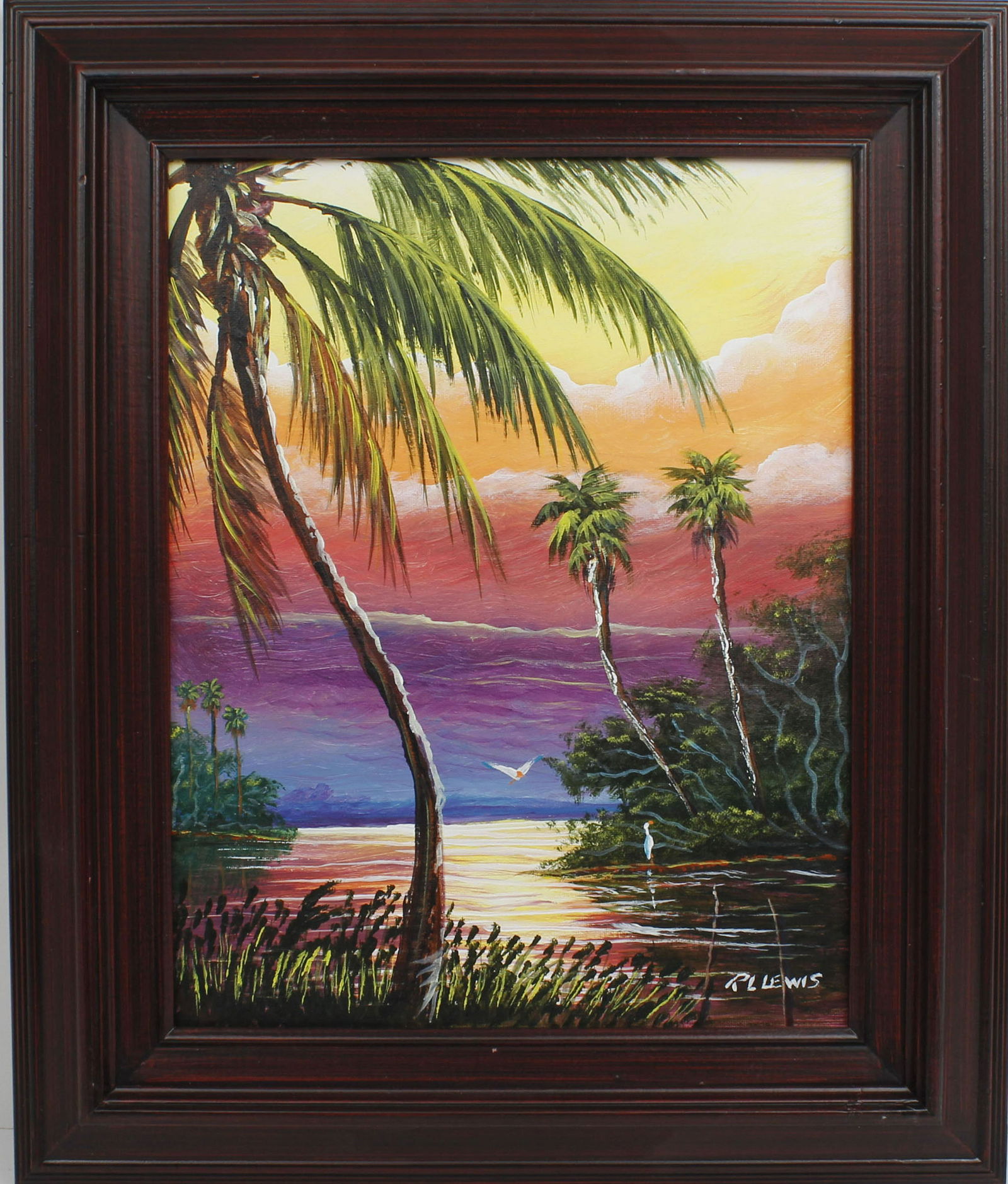 R.L. LEWIS FLORIDA HIGHWAYMEN INDIAN RIVER LAGOON: Lewis, Robert Lee. (B. 1941), Florida Highwaymen artist, oil on artist board. Stunning rainbow sky scene titled "Indian River Lagoon". Signed lower right, board measures 11" x 14". Condition: Very Fin