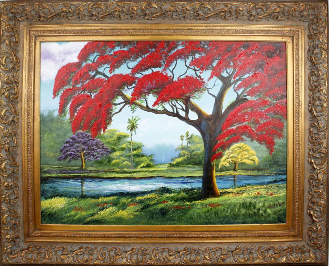 R.L. LEWIS FLORIDA HIGHWAYMEN JUMBO RIVER INLET: Lewis, Robert Lee. (B. 1941), Florida Highwaymen, oil on canvas JUMBO, signed lower right. River Inlet scene featuring Poinciana, Jacaranda, and Tabebuia. Canvas measures 30x40. Unframed. Frame availa