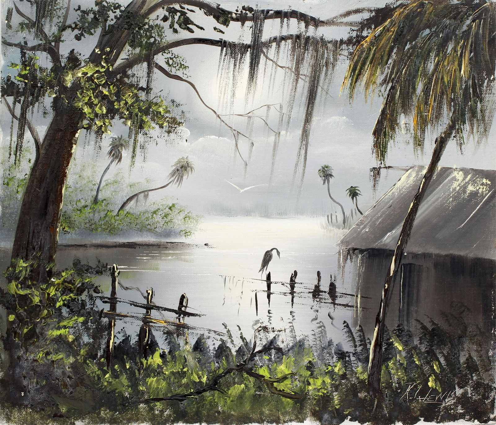 R.L. LEWIS FLORIDA HIGHWAYMEN MOONLIT RIVER SCENE: Lewis, Robert Lee. (B. 1941), Florida Highwaymen Artist. Oil on artist board- signed lower right. A full moon pours light over the river awakening a few of it's residents. Board measures 16x20 and isu