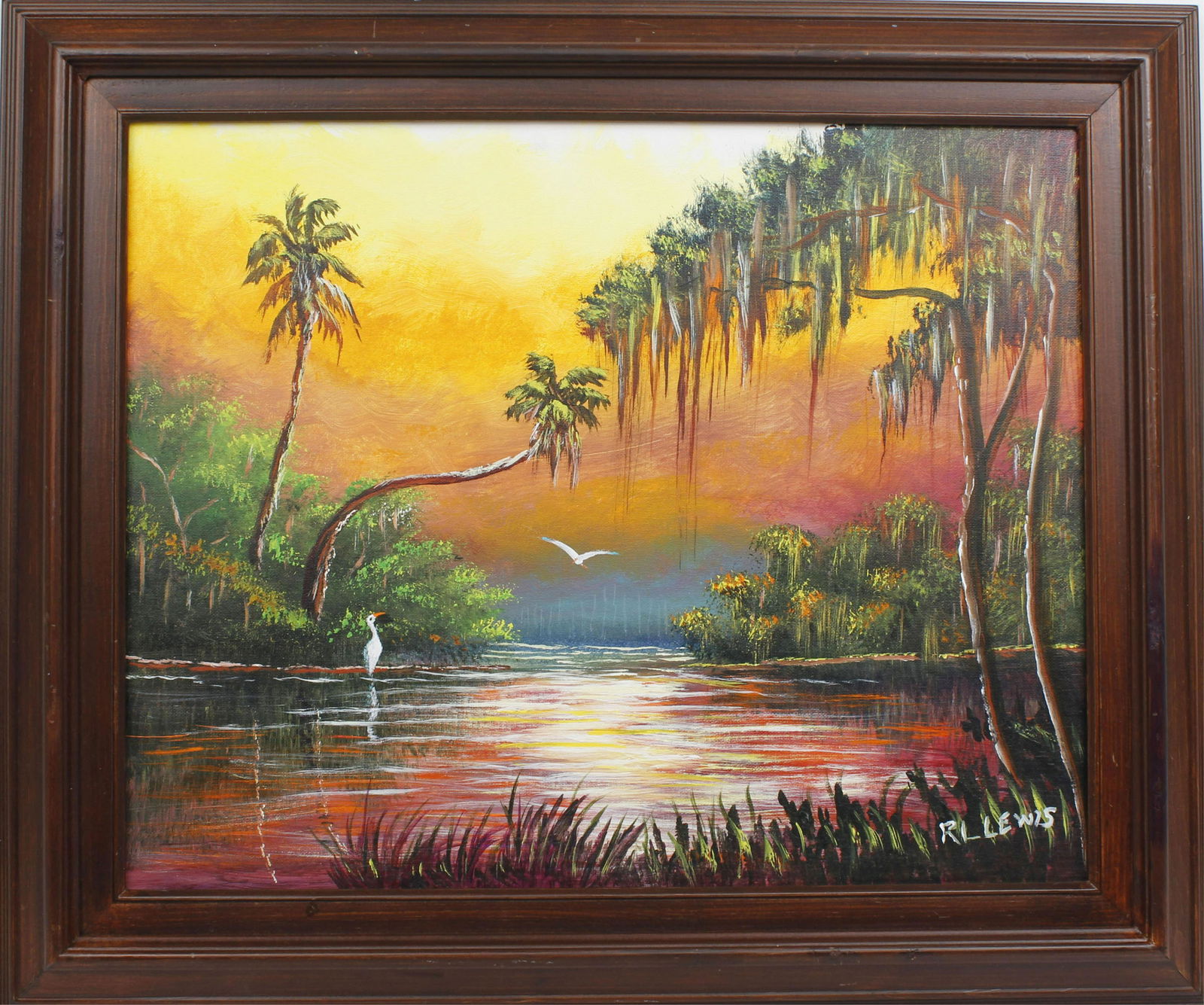 R.L. LEWIS FLORIDA HIGHWAYMEN SWEET POTATOE SKY: Lewis, Robert Lee. (B. 1941), Florida Highwaymen artist, oil on artist board. Beautiful St. Lucie river scene with a palm tree hanging over the peaceful water. Signed lower right, board measures 16" x