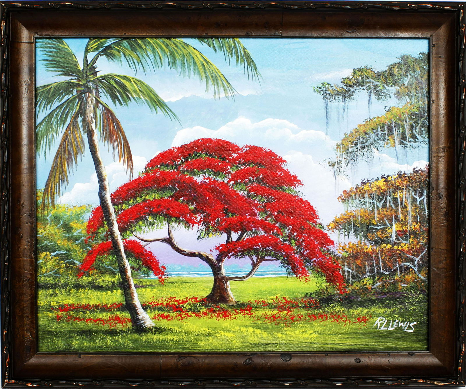 R.L. LEWIS FLORIDA HIGHWAYMEN TROPICAL POINCIANA: Lewis, Robert Lee. (B. 1941), Florida Highwaymen, oil on artist board. Excellent combination of views of a Palm tree, Royal Poinciana, and dripping Spanish moss with a view of the water. Board measure