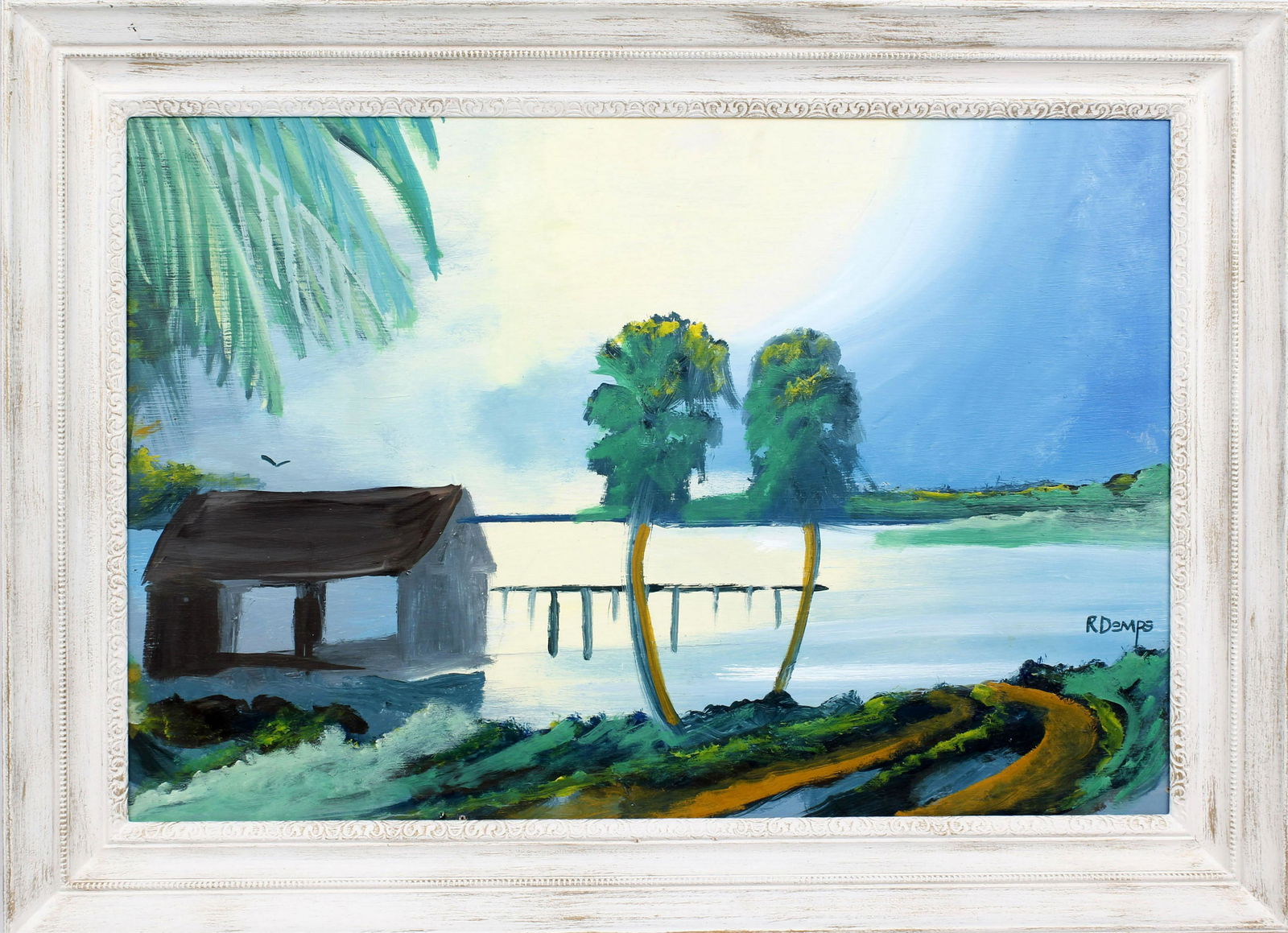 RODNEY DEMPS FLORIDA HIGHWAYMEN BOAT LAUNCH: Demps, Rodney (b.1953), Florida Highwaymen Artist. Oil on Masonite - signed lower right. A dirt road to the boat launch is the path to freedom on a bright afternoon. Board measures 20x30 framed to 25x