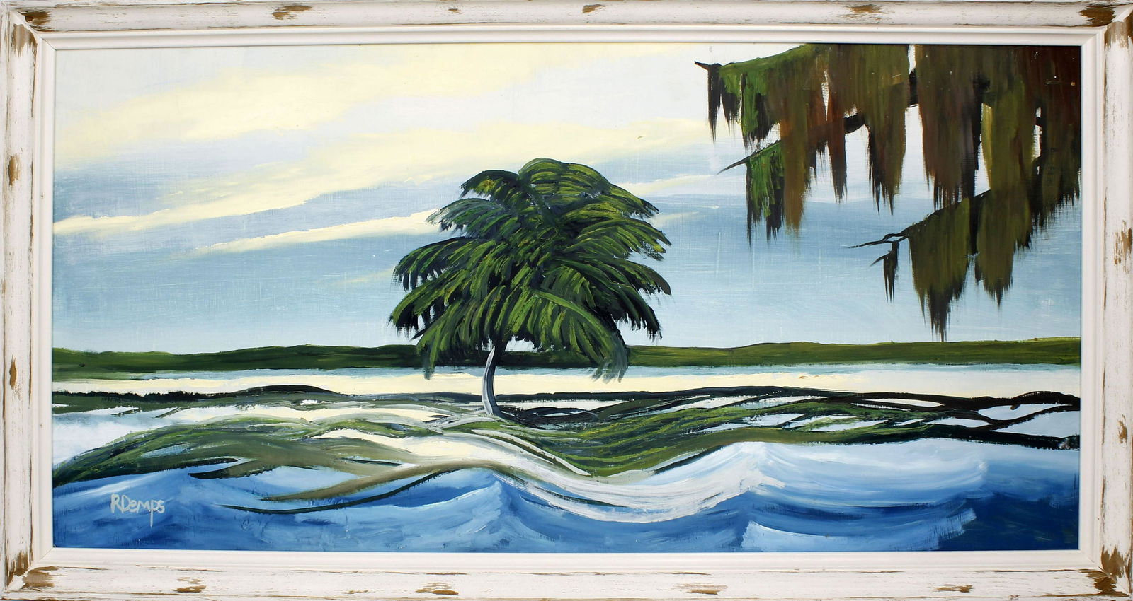 RODNEY DEMPS FLORIDA HIGHWAYMEN PALM ISLAND: Demps, Rodney (b.1953), Florida Highwaymen Artist. Oil on masonite - signed lower left. A lone palm tree flourishes on its own island as a tree with Spanish moss creeps closer. Board measures 24x48 fr
