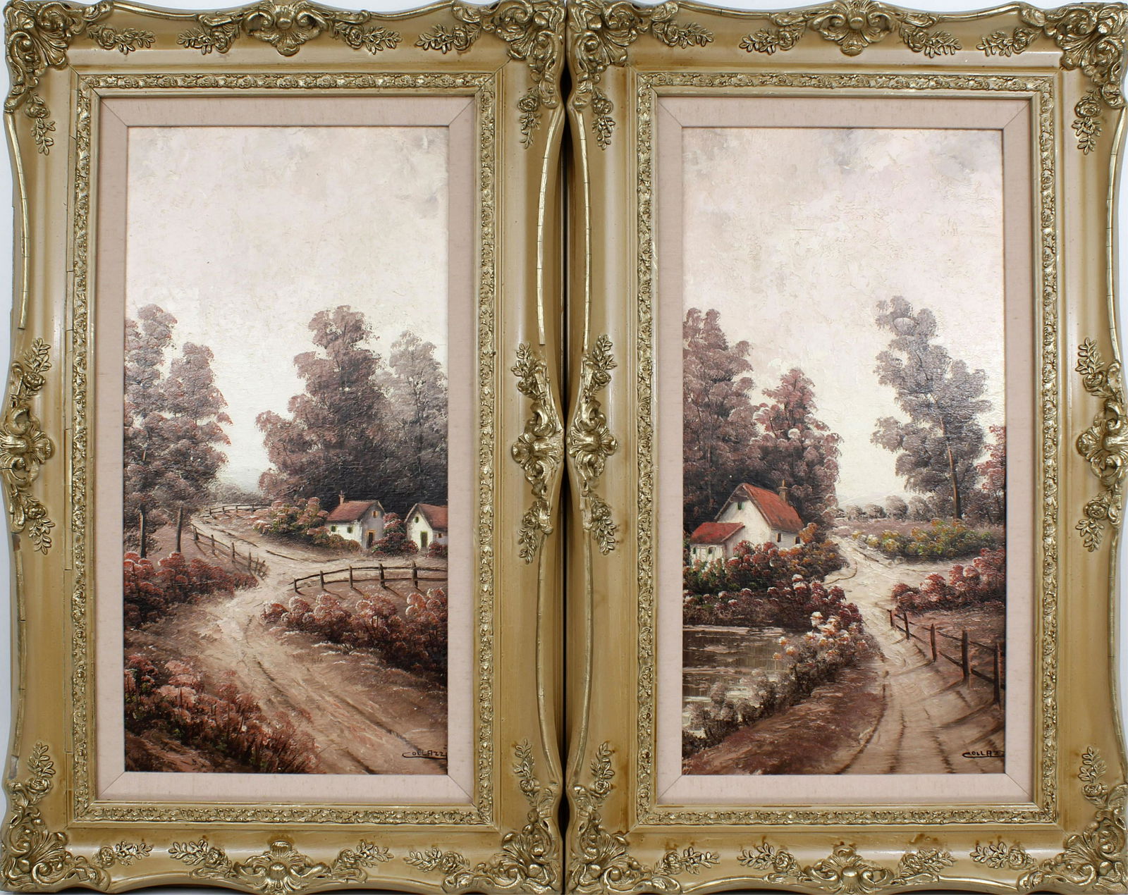 COLLAZZI PAIR OF COTTAGE OIL PAINTINGS GILT FRAME (1 of 5)