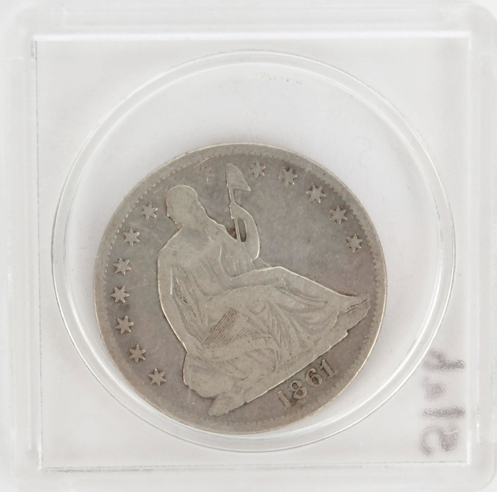 1861-O SEATED HALF DOLLAR COIN: DESIGNER: Thomas Sully/Christian Gobrecht EDGE: Reeded DIAMETER: 30.00 millimeters WEIGHT: 12.40 grams MINTAGE: 2,532,633MINT: New Orleans METAL: 90% Silver, 10% Copper Condition: Very Fine