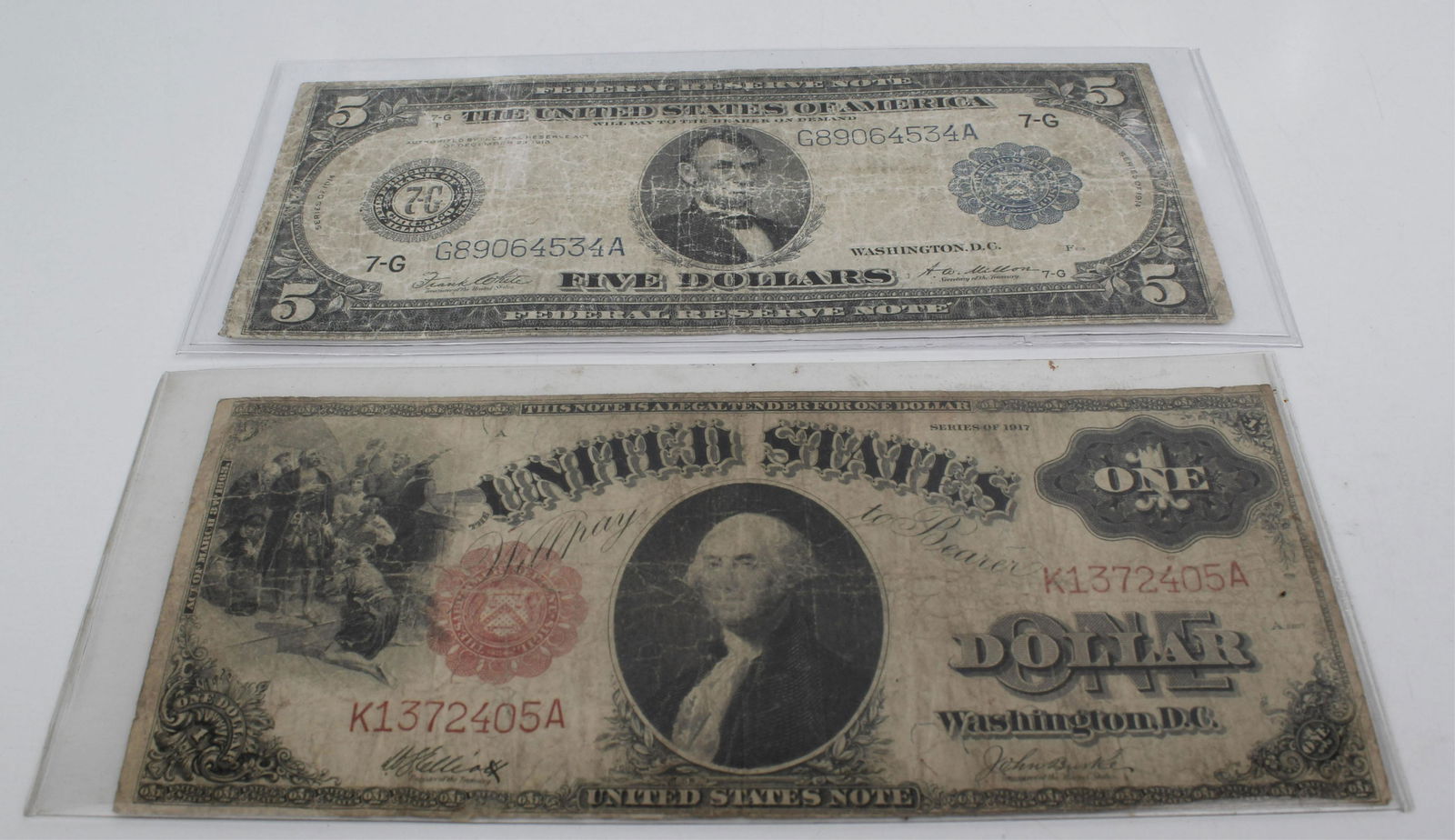 LOT- 1914 BLUE SEAL $5 NOTE, 1917 RED SEAL $1 NOTE (1 of 1)