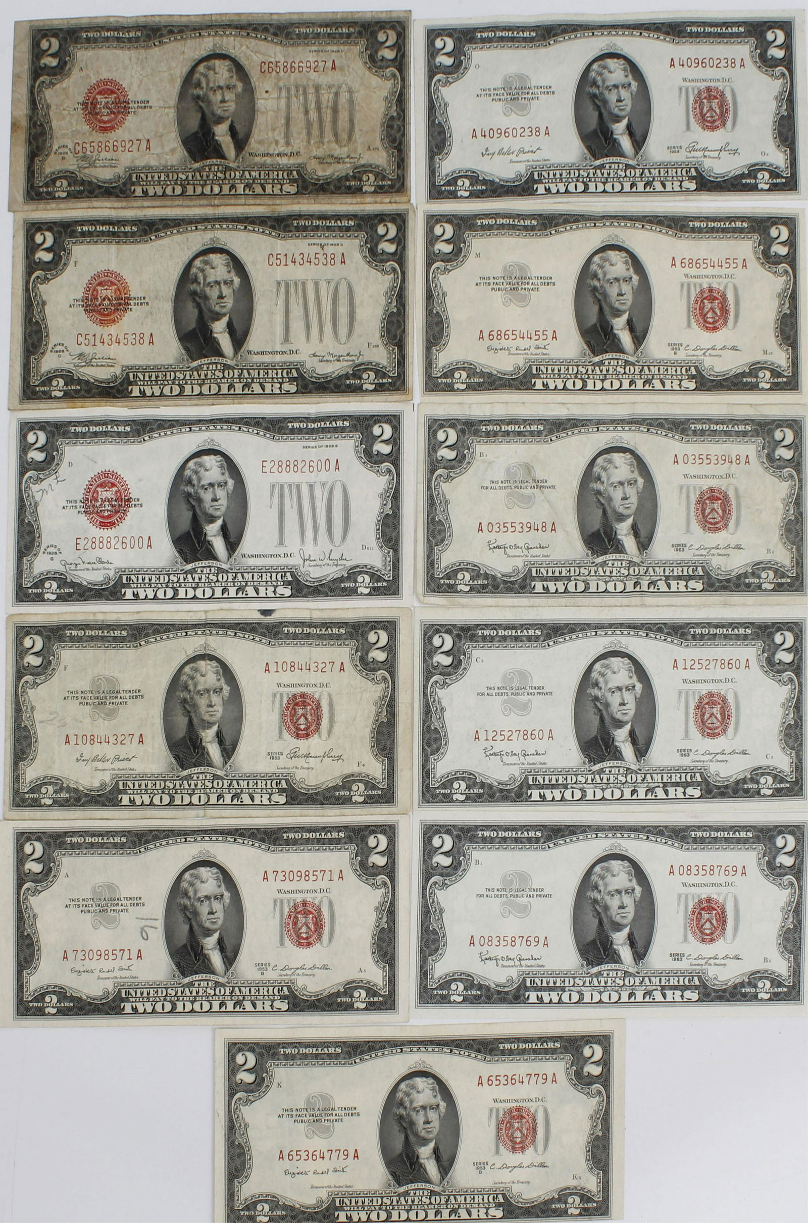 LOT OF RED SEAL $2 NOTES - 1928,1953 AND 1963 (1 of 1)
