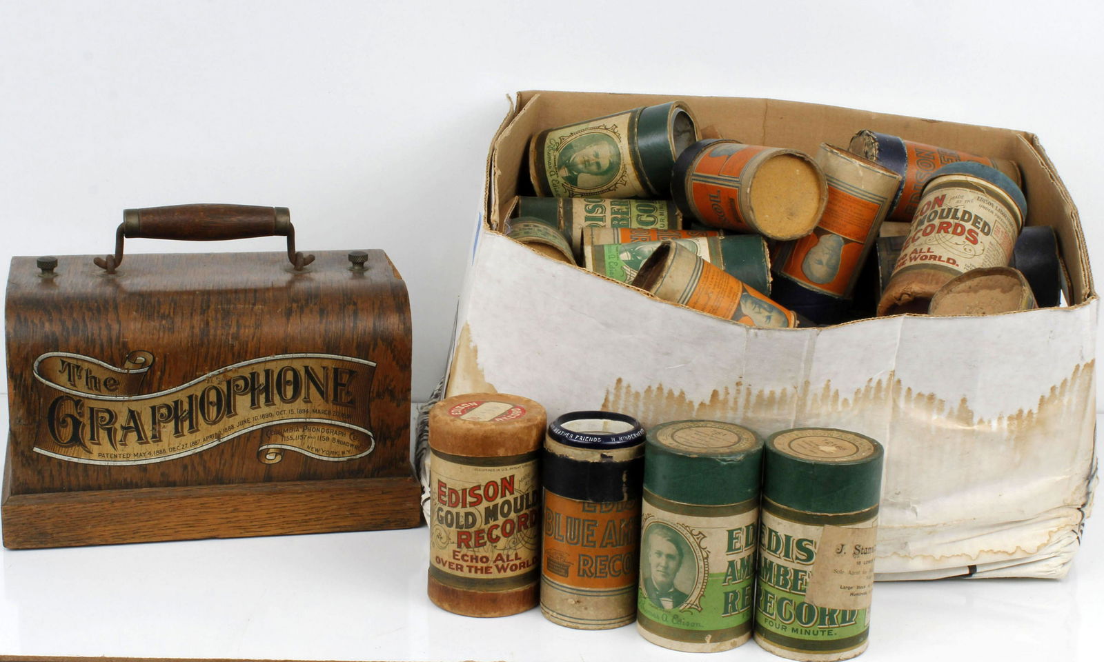 GRAPHOPHONE PLAYER WITH LARGE BOX OF CYLINDERS (1 of 3)