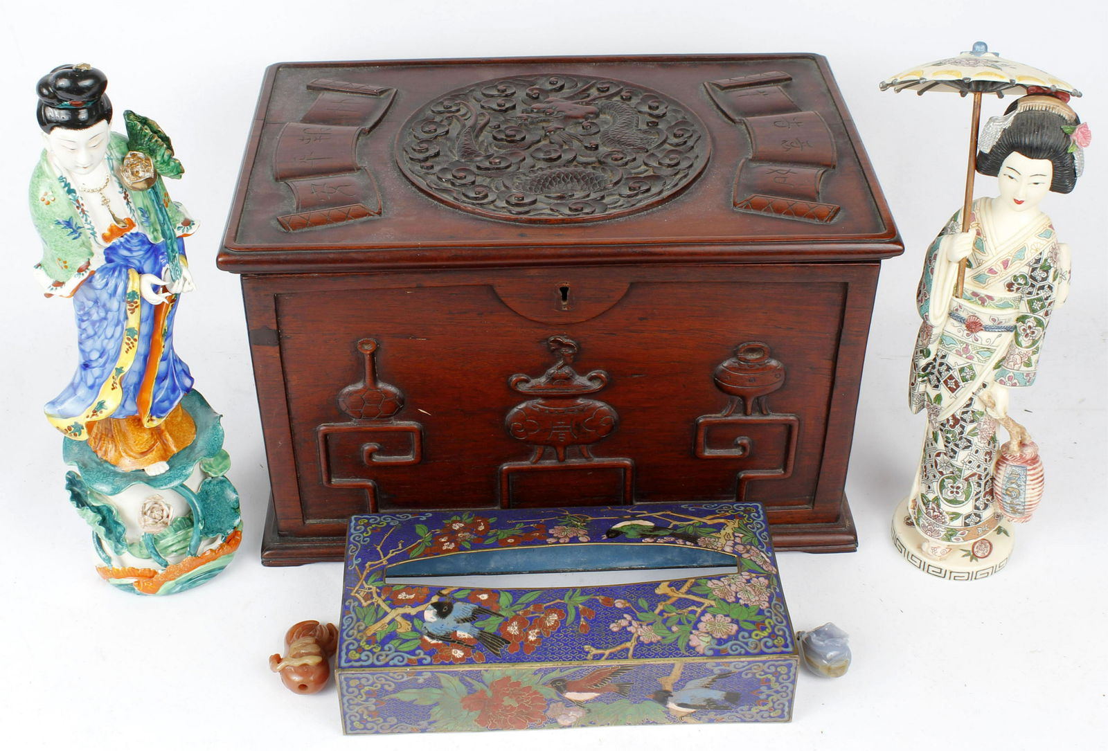 LOT OF TEAKWOOD CARVED BOX, FIGURINES & CLOISONNE (1 of 4)